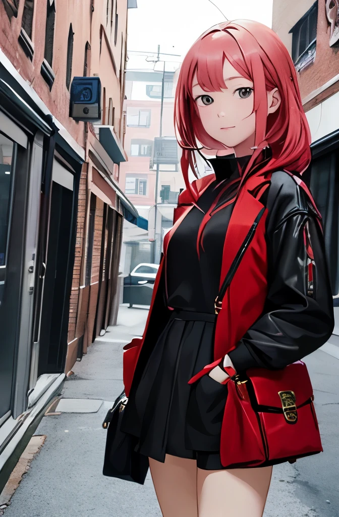 ((Best quality)), HD, 4K, ((masterpiece)), (detailed)), (masterpiece), a woman in a skirt and jacket holding a bag and a bag, guweiz, artwork in the style of guweiz, promo art, style anime, anime moe artstyle, high quality anime artstyle, anime visual of a cute girl, marin kitagawa fanart, modern anime style, made with anime painter studio, anime artstyle, an anime girl, with a intence red color in her hair, no ia style, hands inside her pockets, same eyes