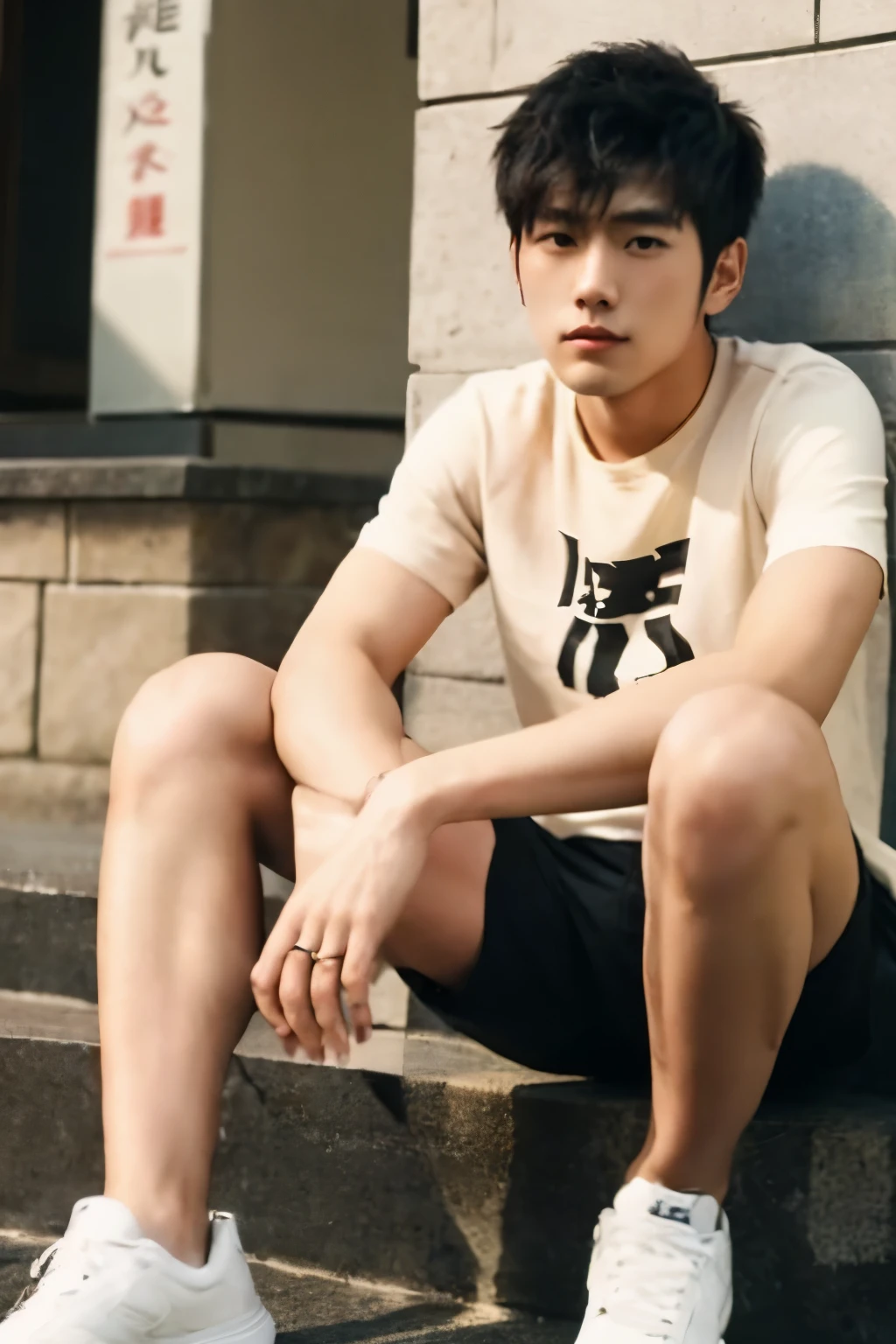 whole body, hairy legs, toned legs, two block, long legs, Japan male, 27 years old, wearing beige shorts, wearing a black T-shirt, very short hair, black hair
