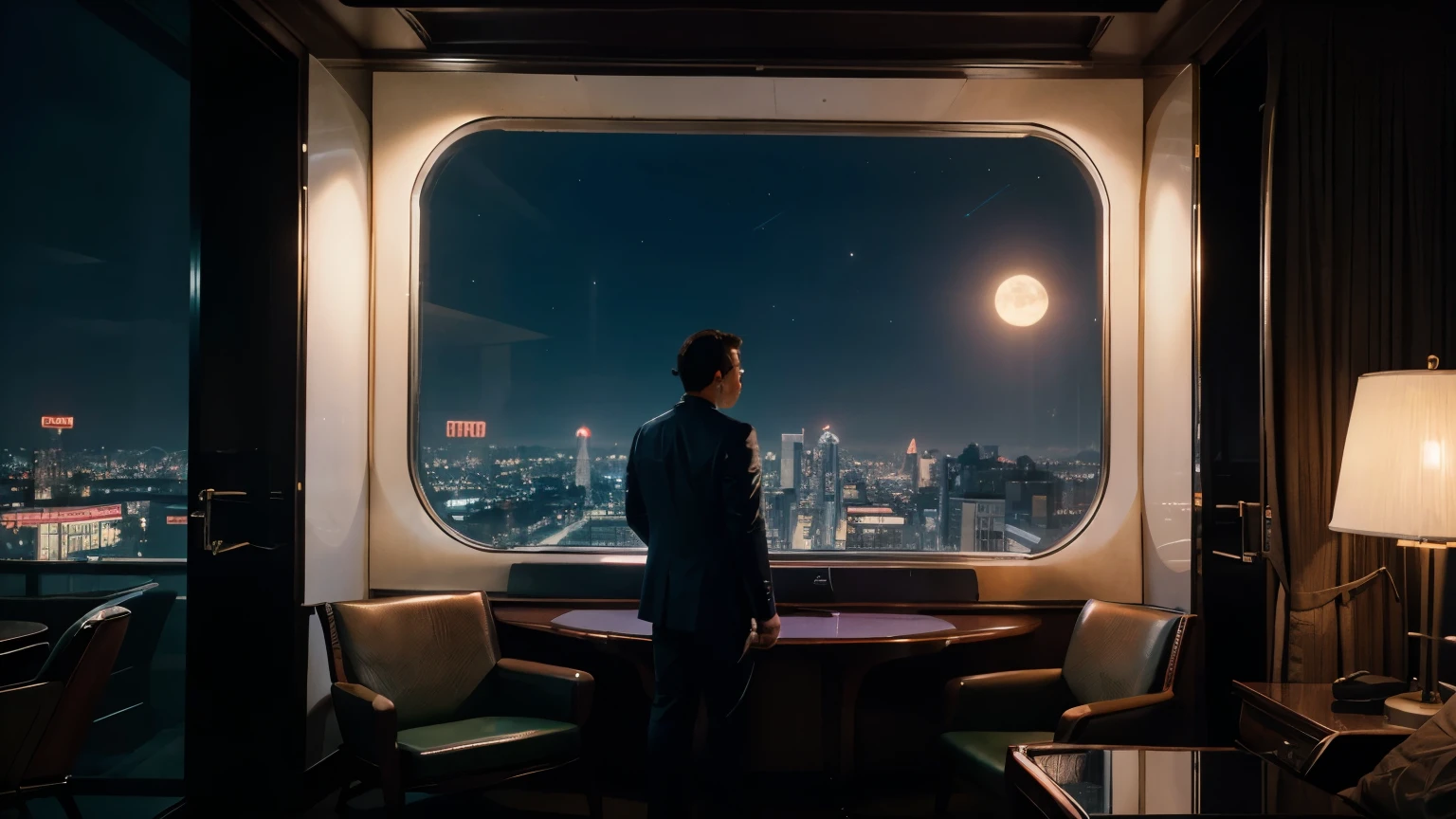 4k image from a 1960s science fiction film by Wes Anderson, Filme O Grande Hotel Budapeste, pastels colors, an big city with neon colors, at night through a window, big city retro futuristic neon, blade runner style, Retro-futuristic from the 60s with old robots, Luz Natural, Psicodelia, futurista estranho, retro-futurista, photo-realistic, Sharp background details, solitude, sadness, lonely man. big moon, a man standing with his back inside an room with a view of a skyscraper, leather armchairs