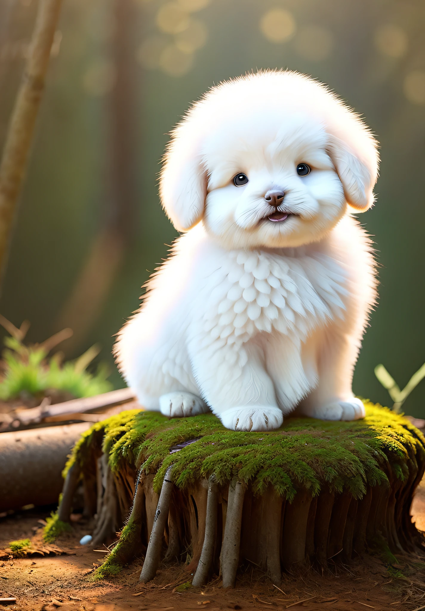Cute puppy sitting near the roots of a tree on a hillside