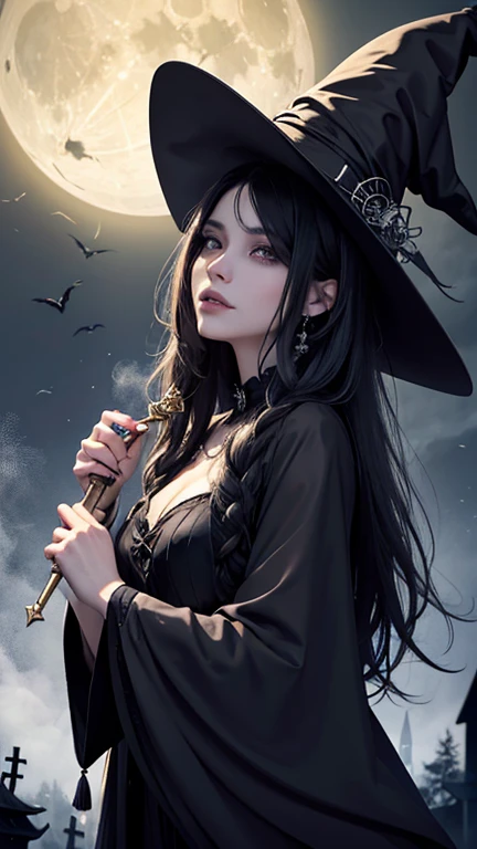 (best quality,4k,8k,highres,masterpiece:1.2),ultra-detailed,(realistic,photorealistic,photo-realistic:1.37),Halloween girl,beautiful detailed eyes,beautiful detailed lips,extremely detailed eyes and face,longeyelashes,vibrant colors,horror,spooky atmosphere,creepy background,dark lighting,candlelit,hauntingly beautiful,long black hair flowing in the wind,witch costume,black pointed hat,full moon in the sky,glowing jack-o'-lanterns,witch broomstick,flying bats,witchcraft symbols,autumn leaves falling,moonlight shadows,colorful trick-or-treat candies,playful expression,gesture casting a spell,enchanted forest,sinister shadows,haunted mansion silhouette,constantly changing mist,ethereal glow,enchanted atmosphere,witchcraft theme,witchy vibes,mysterious aura,spooky night scene,gothic style,witchy fashion,witchy jewelry,mystical spellbook,crystal ball,cauldron,smoke and fog effects,witch makeup and nail art,witchy accessories,witch hat with spider web pattern