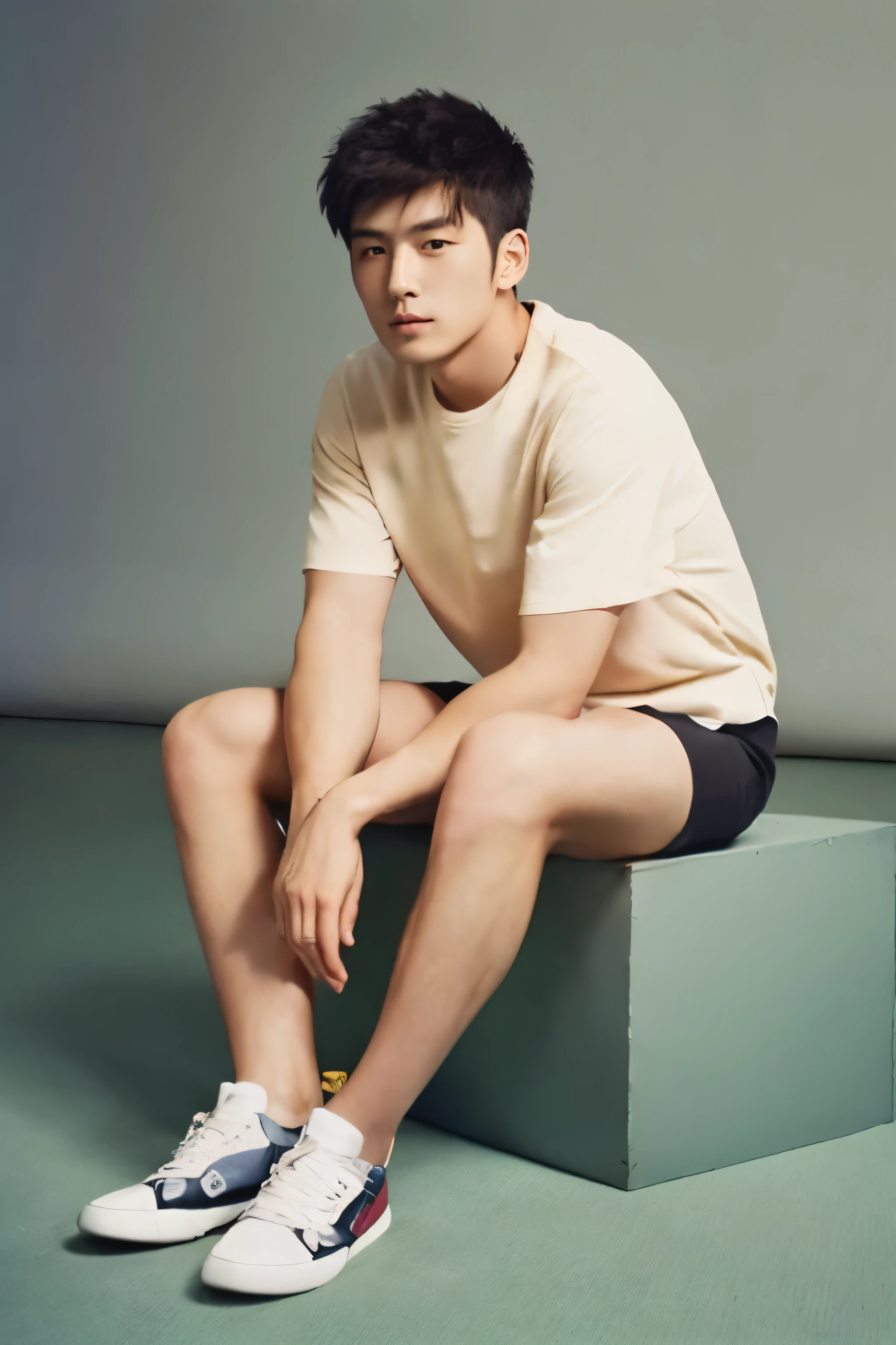 whole body, hairy legs, toned legs, two block, long legs, Japan Male, 27 years old, wearing beige shorts, wearing a black T-shirt, very short hair, black hair
