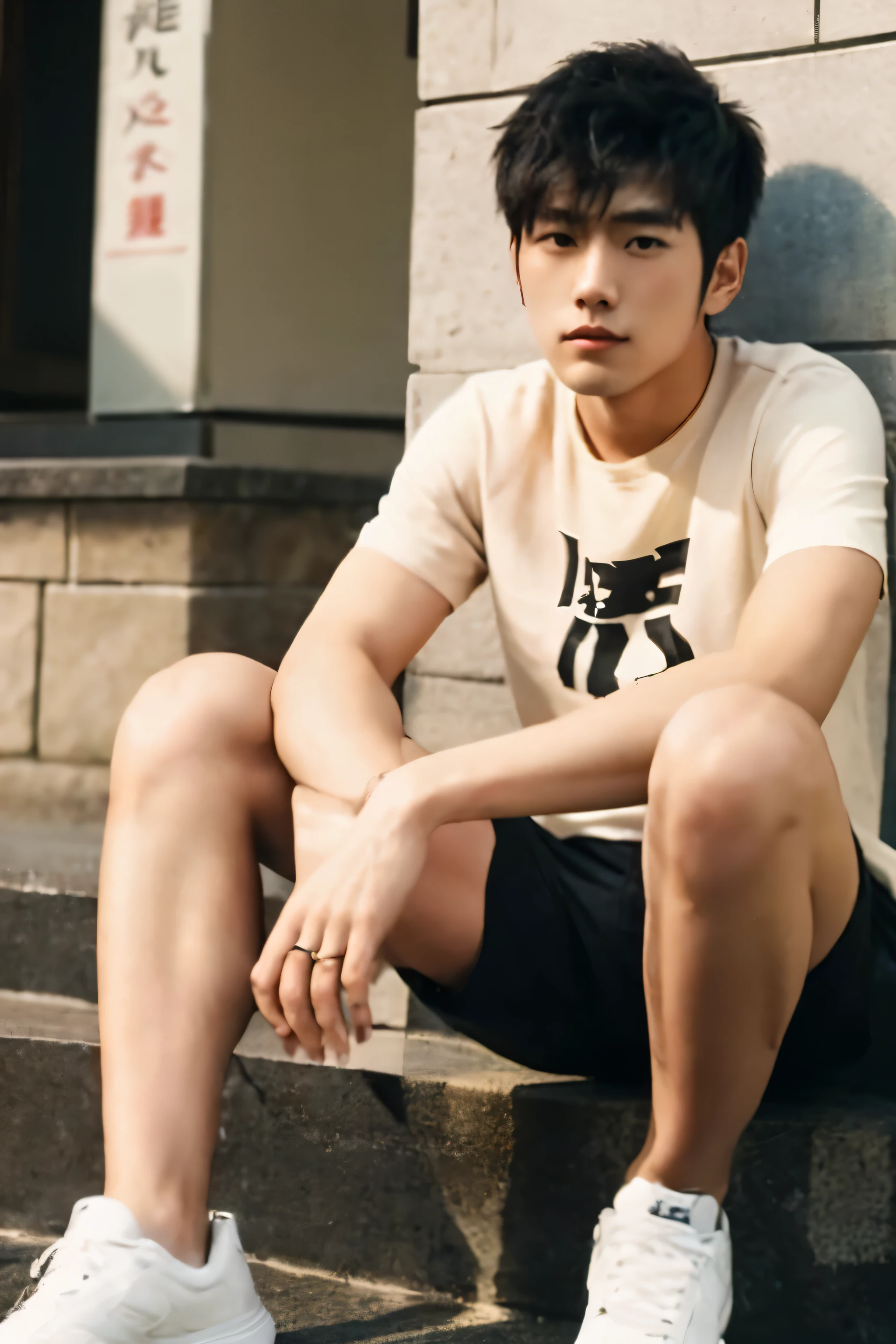 whole body, hairy legs, toned legs, two block, long legs, Japan Male, 27 years old, wearing beige shorts, wearing a black T-shirt, very short hair, black hair
