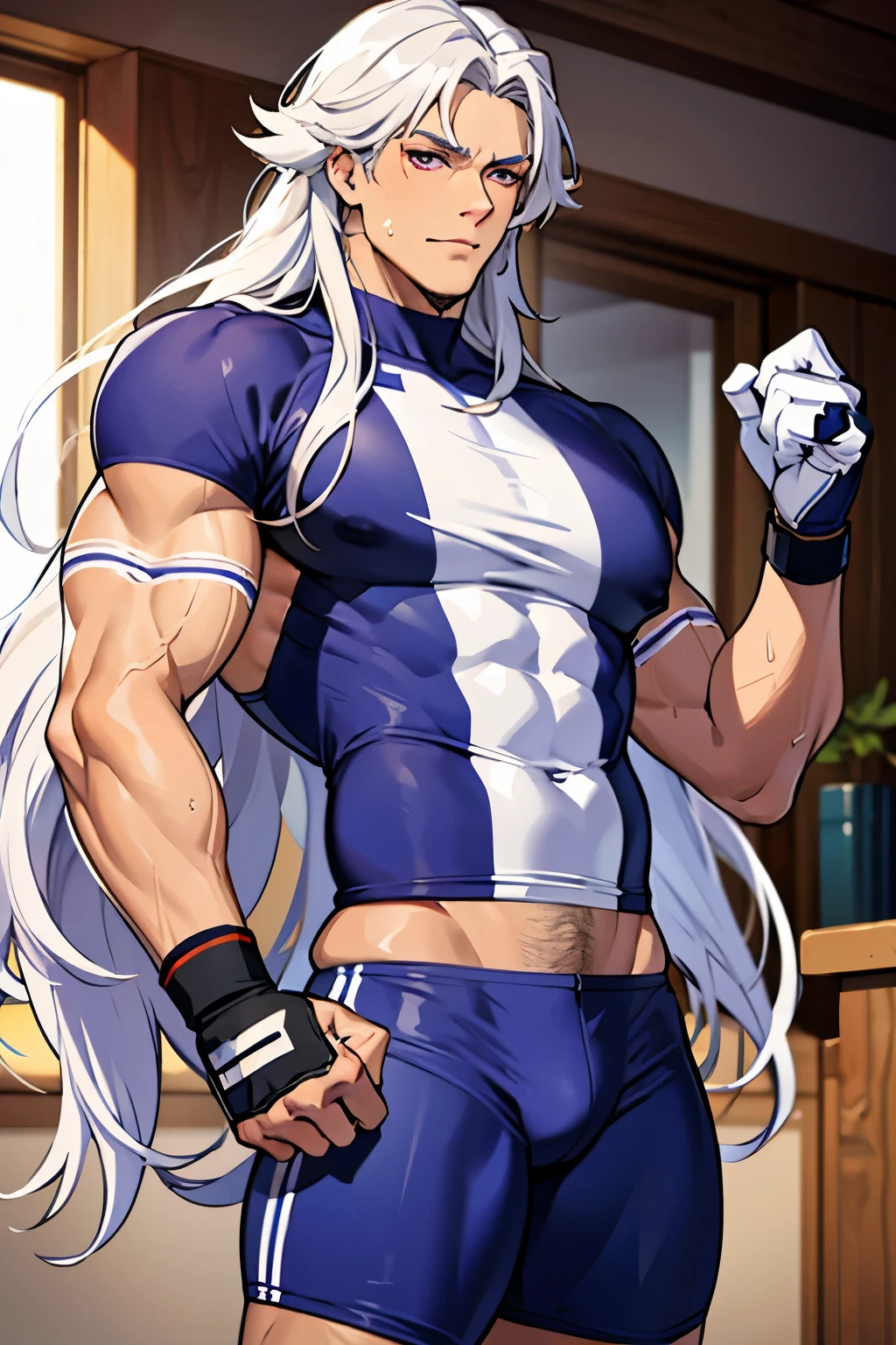 1 man with long curly white hair, silver hair, messy bangs, Sunkissed tan skin, purple magenta eyes, handsome, gloves, earrings, veins on arms and hands, sweaty skin, American football player, tight football uniform, on football field, white happy trail, big pectorals, abs, plump , narrow waist, Cinematic lighting, hyper HD, Masterpiece, High details, ((sexynamic pose))