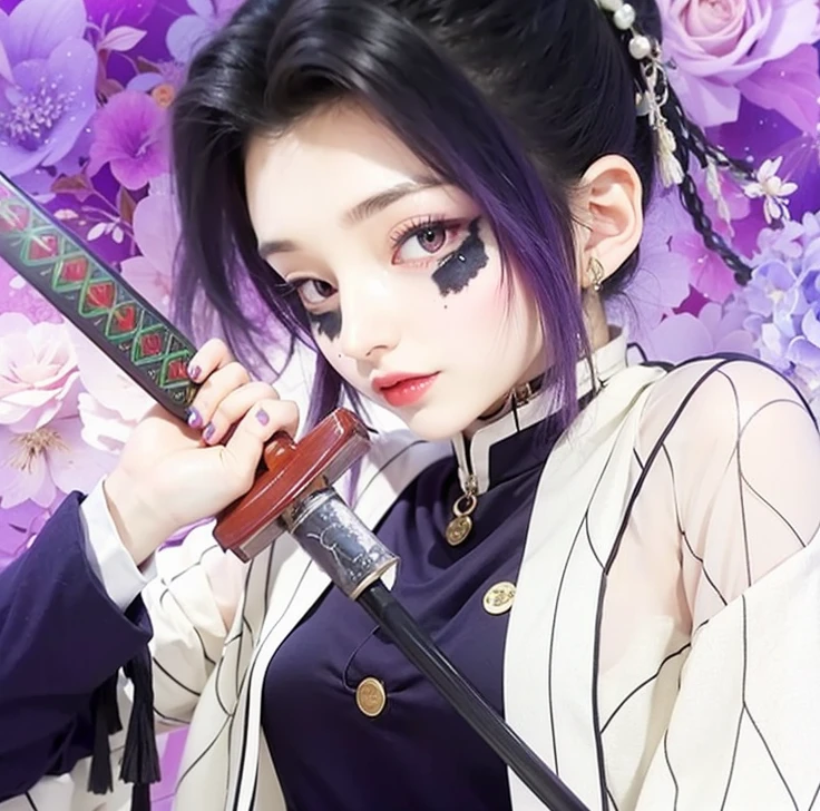 A very beautiful and gorgeous girl with white skin and very soft black hair with purple locks and charming purple eyes and pink cheeks and she puts a very red lipstick as blood and she holds a japanese sword 