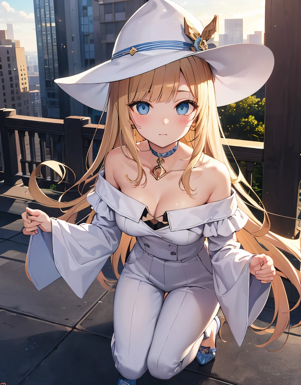 Barbara genshin impact, blonde hair, choker, (blue eyes:1.5), long hair,
BREAK bare shoulders, blue footwear, blush, blush stickers, cleavage, collarbone, duel monster, hat, off shoulder, pentacle, wizard hat, (white clothes:1.5),
BREAK looking at viewer,
BREAK outdoors, city,
BREAK (masterpiece:1.2), best quality, high resolution, unity 8k wallpaper, (illustration:0.8), (beautiful detailed eyes:1.6), extremely detailed face, perfect lighting, extremely detailed CG, (perfect hands, perfect anatomy),