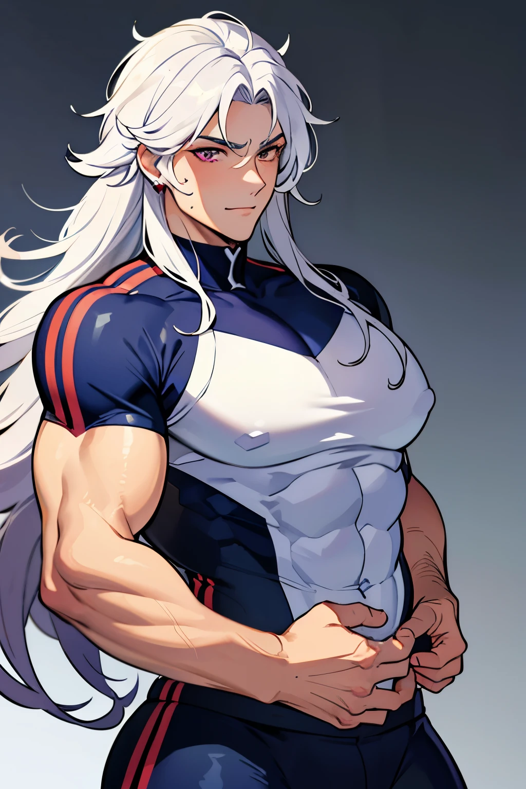 1 man with long curly white hair, silver hair, messy bangs, Sunkissed tan skin, purple magenta eyes, handsome, gloves, earrings, veins on arms and hands, sweaty skin, American football player, tight football uniform, on football field, white happy trail, big pectorals, abs, plump ass, narrow waist, Cinematic lighting, hyper HD, Masterpiece, High details, ((sexy dynamic pose))