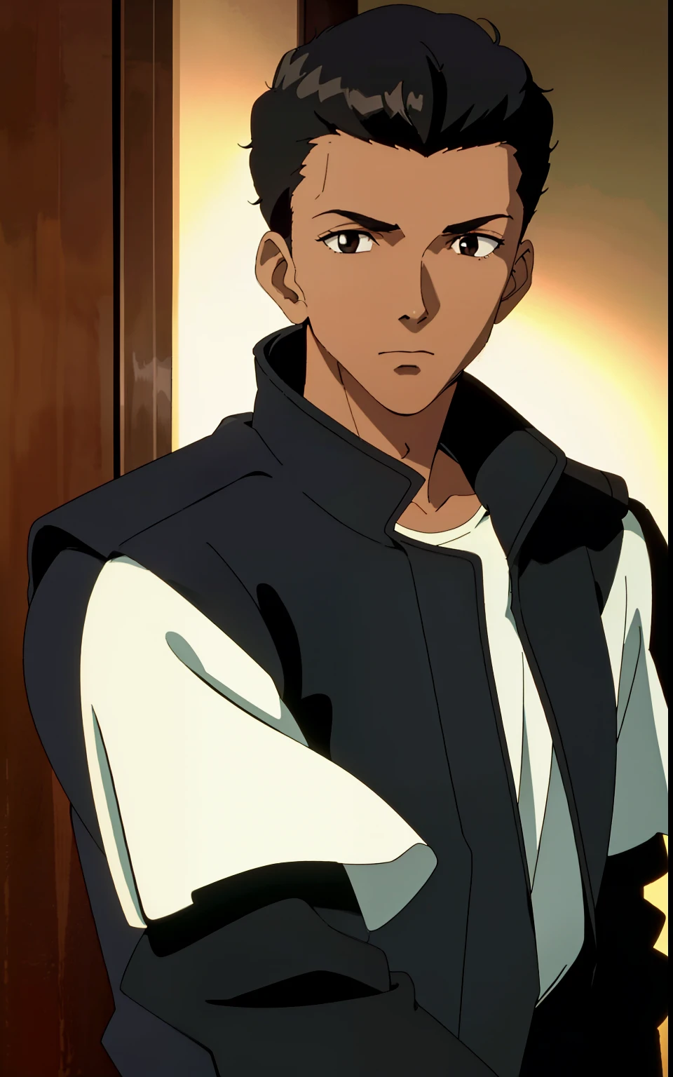 ((QuarryRyan: 1.1)), 1boy, solo, black hair, brown eyes, dark skin, black leather jacket, white shirt,,((upper body: 1.0)), looking at viewer, (insanely detailed, beautiful detailed face,beautiful detailed eyes, masterpiece, best quality), 20 year old man, evangelion anime style, anime screencap, 1990s_\(style\)