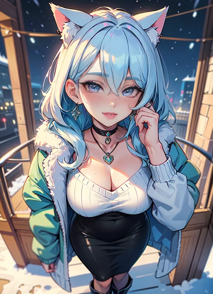 Masterpiece, high res, beautiful art, professional artist, 8k, art style by sciamano240, very detailed face, very detailed hair, very detailed clothes, 1girl, perfectly drawn body, beautiful face, long hair, light blue hair , very detailed blue vertical cat eyes, square glasses, pouty lips , rosey cheeks, intricate details in eyes, extreme close up of face, see only head and neck, staring directly at viewer, wearing cute winter clothes, winter coat, scarf, sweater, necklace, choker, earrings, gloves, pencil skirt, black tigh boots, some freckles, big wide grin, in love with the viewer expression, sunny winter setting, pov standing outside walking with viewer,
