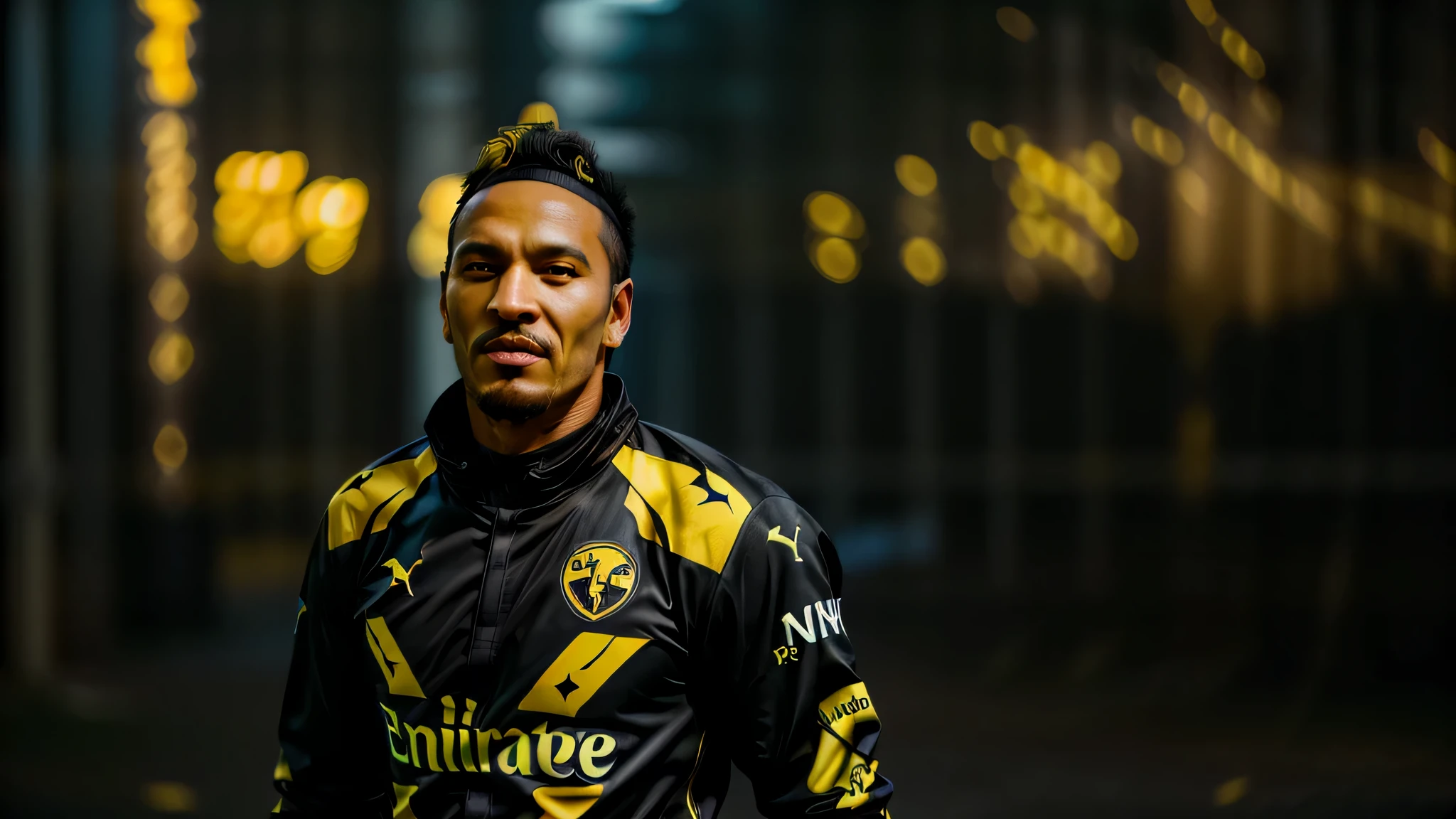 (black and yellow theme:1.5), (soccer shot:1.5), (1boy, pierre-emerick aubameyang:1.5), (muscular male:1.5), (30 years old), extremely detailed skin, (fashion clothes:1.4), (fingerless gloveattle field background:1.2),  fighting Poses, high design (fashionable) stylish art, extreme detail irises, reflexive eyes retinas, detailed eyebrows, detailed eyelashes,  fashion photo shootinulti-layers and multi-textures level:1.1), (perfectly detailed face:1.2), cinematic film still, extremely intricate details, exquisite body parts detailing, extremely detailed environment, maximalism in detail, fire particles, sub surface scattering, (Low Key:1.2), (in the Dark:1.2), (Dark Scene:1.5), Tyndall effect, volumetric light, blending saturation, noise reduction, visual compositional balancing, extremely exquisite detailed, hyper detailed, extremely high resolution, dramatic cinematic light, (ultra-wide angle fantasy world background)