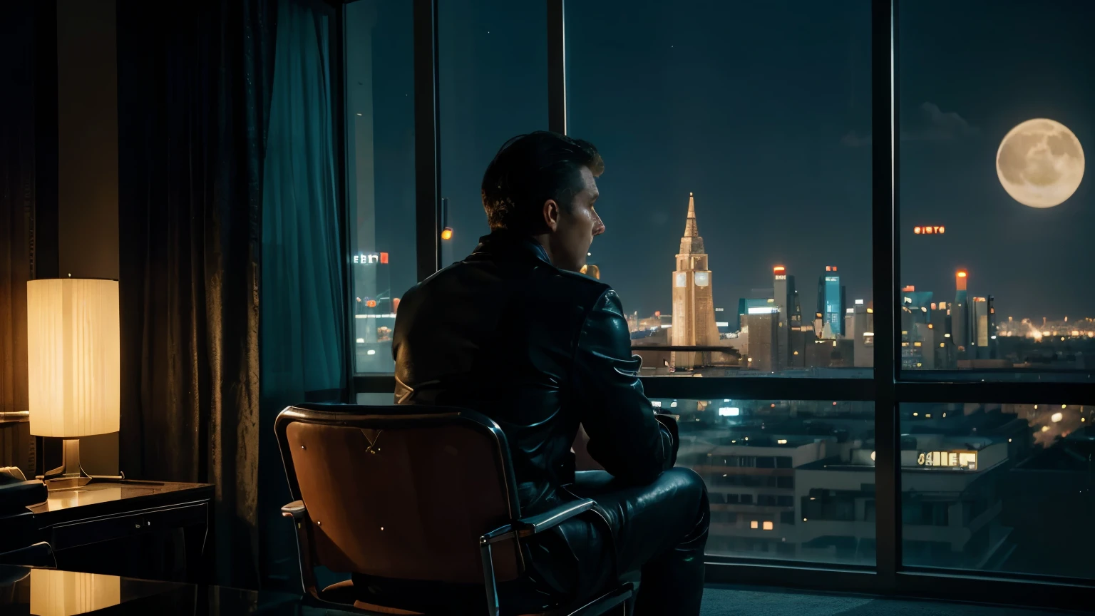 4k image from a 1960s science fiction film by Wes Anderson, Filme O Grande Hotel Budapeste, pastels colors, an big city with neon colors, at night through a window, big city retro futuristic neon, blade runner style, Retro-futuristic from the 60s with old robots, Luz Natural, Psicodelia, futurista estranho, retro-futurista, photo-realistic, Sharp background details, solitude, sadness, lonely man. big moon, a misterious man with his back inside an room with a view of a skyscraper, leather armchairs