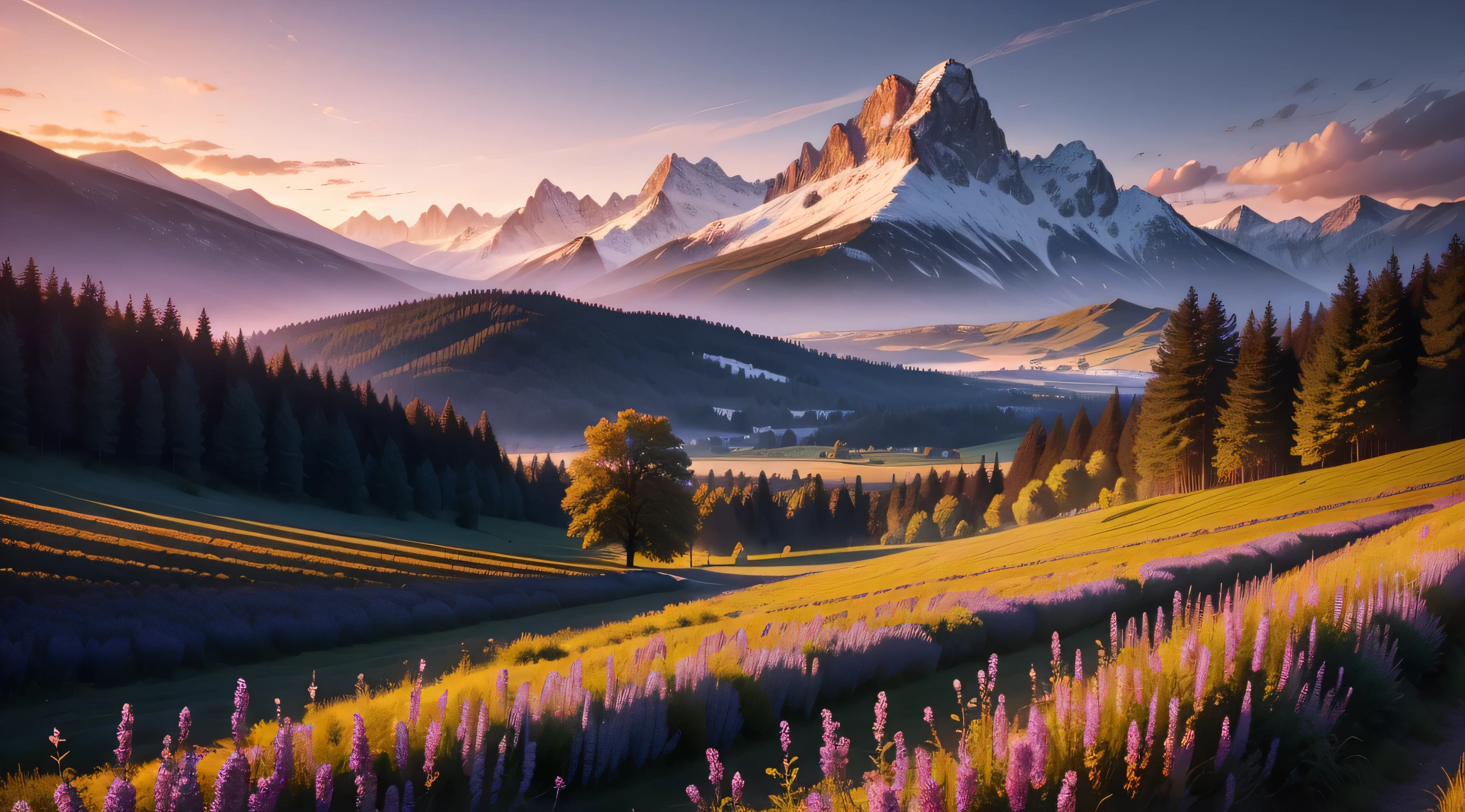 champs fleurie, coucher de soleil, des grandes montagnes au loin，Les arbres au pied de la montagne sont luxuriants，Il y a un flux，vent ancien，Le fond est les montagnes，Beautiful CG quality
