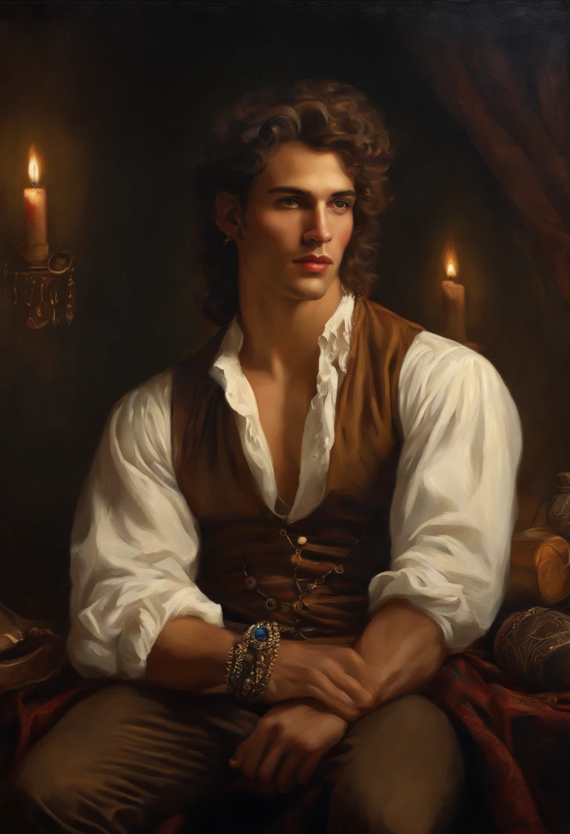 ((Baroque style painting of a young gypsy)) earrings and bracelets, handsome and strong young man, sexy and masculine, lascivious and mischievous face, dressed in vest, shirt and pants in the style of the Victorian Era, almond-shaped eyes, light brown hair long, silky, falling over the shoulders, ((looking at the camera)), ((playing the gypsy tambourine near a fire in a gypsy camp)). Baroque painting