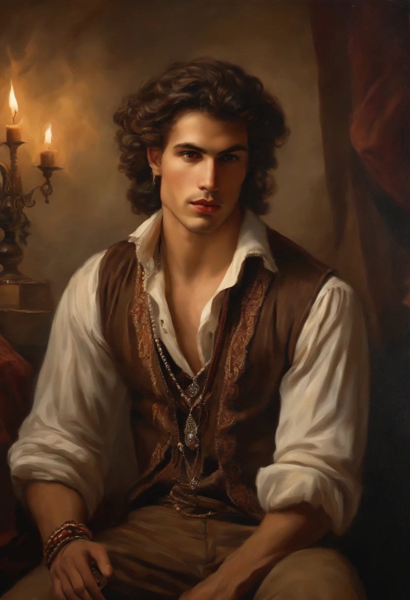 ((Baroque style painting of a young gypsy)) earrings and bracelets, handsome and strong young man, sexy and masculine, lascivious and mischievous face, dressed in vest, shirt and pants in the style of the Victorian Era, almond-shaped eyes, light brown hair long, silky, falling over the shoulders, ((looking at the camera)), ((playing the gypsy tambourine near a fire in a gypsy camp)). Baroque painting
