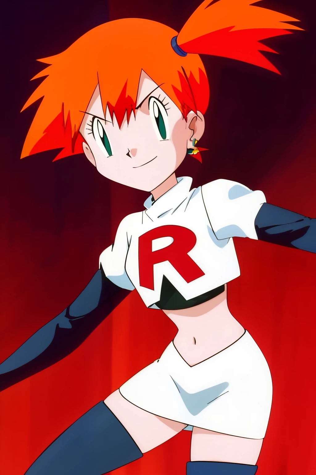 misty (pokemon), 1girl, solo, side ponytail, orange hair, glossy lips, earings ,team rocket uniform, red letter R, white skirt,white crop top,black thigh-high boots, black elbow gloves, evil smile, looking at viewer, cowboy shot, evil poses