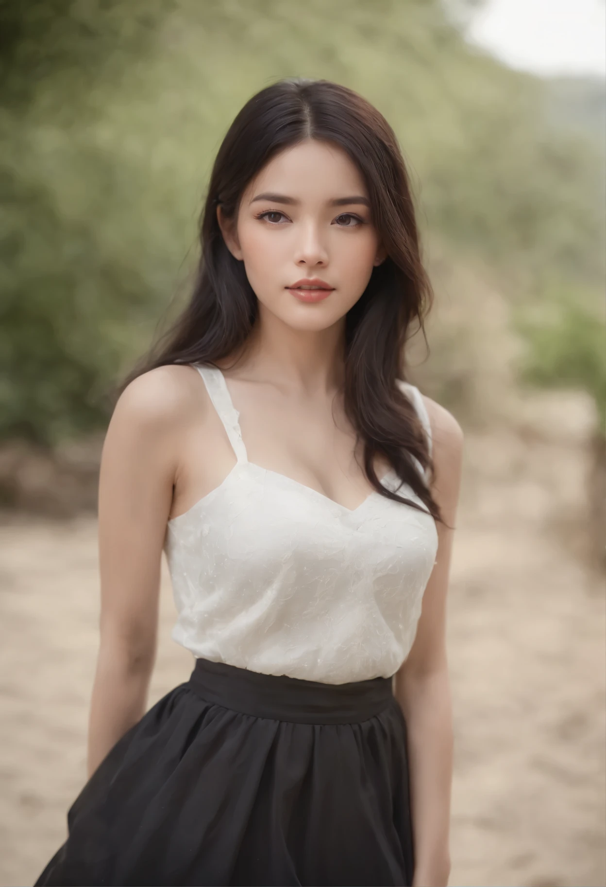 ((top-quality, 8K)), (Realistic), (Face focus: 1.1), (white and black: 1.3), Mexican girl, long-black hair, 
Hair fluttering in the wind, Facing to the side, Look up at your face, Eyes closed, (Sleeveless: 1.1)、Skirt, d-cup breasts,