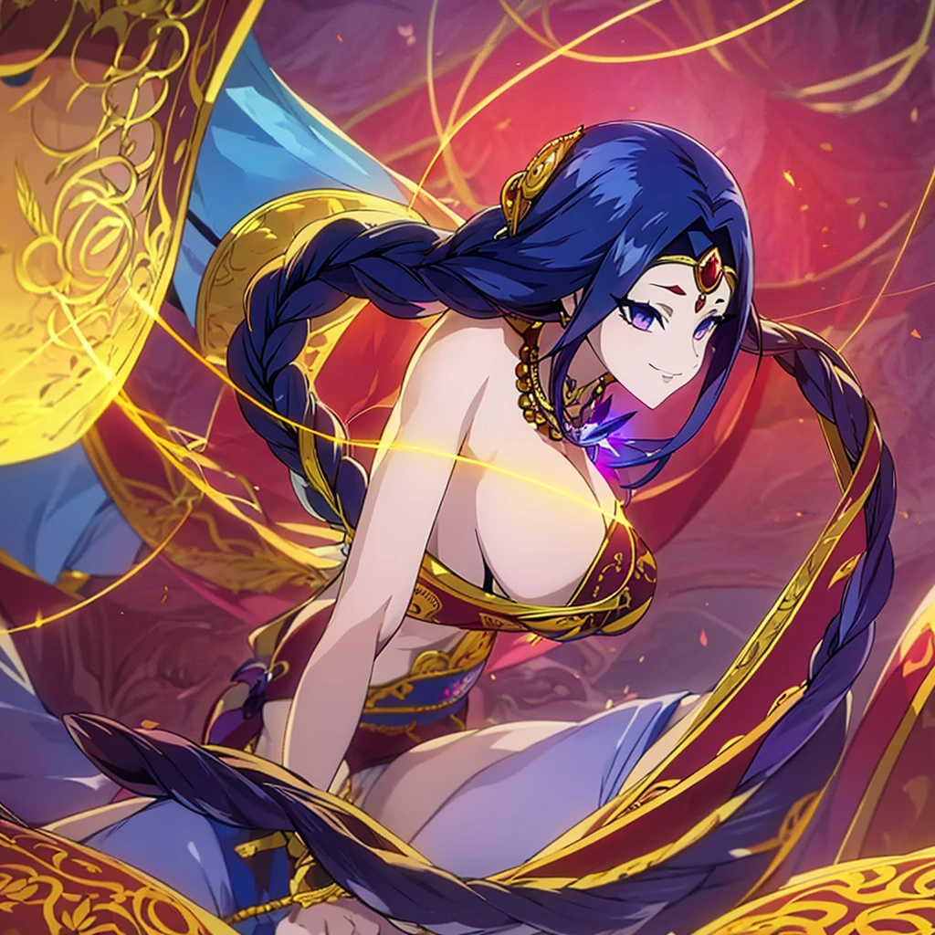 anime woman, deep luminous indigo eyes, wears a regal, flowing sari in rich hues of gold and deep crimson, patterns inspired by lotus blossoms and celestial symbols. Jeweled accessories accentuate her divine presence, and a delicate bindi on her forehead signifies spiritual wisdom. hair is sapphire blue at the roots to a vibrant crimson red towards the tips. hair cascades down in elegant waves, Intricate braids, she is smiling like a yandere, voluptuous body, alluring, perfect face, perfect body. Solo