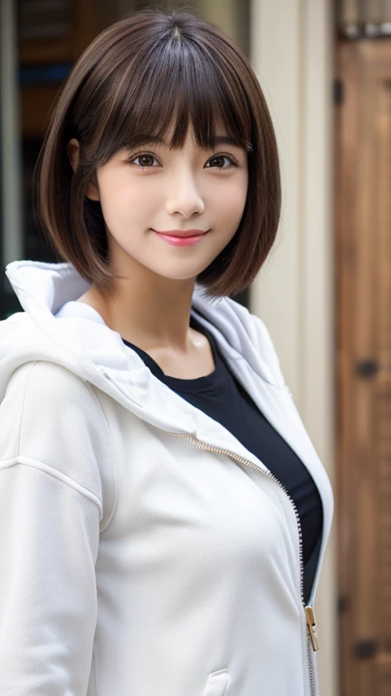 high school girl,young woman,hairstyle(Short length,short hair,Bangs Patsun),short hair,cute,girly,adorable,look forward,turn this way,See here,accurate and perfect face,Super detailed,realistic,correct anatomy,white parka jacket(Do not wear a hood,Open Front,Don&#39;Do not close the zipper,shirt underneath),big breasts,body whole,whole body,whole body(thin,feminine body),skin that looks real,beautiful skin,realistic textured skin,indoor,soft light,Professional Lite,smile,Pure,soft expression,random pose