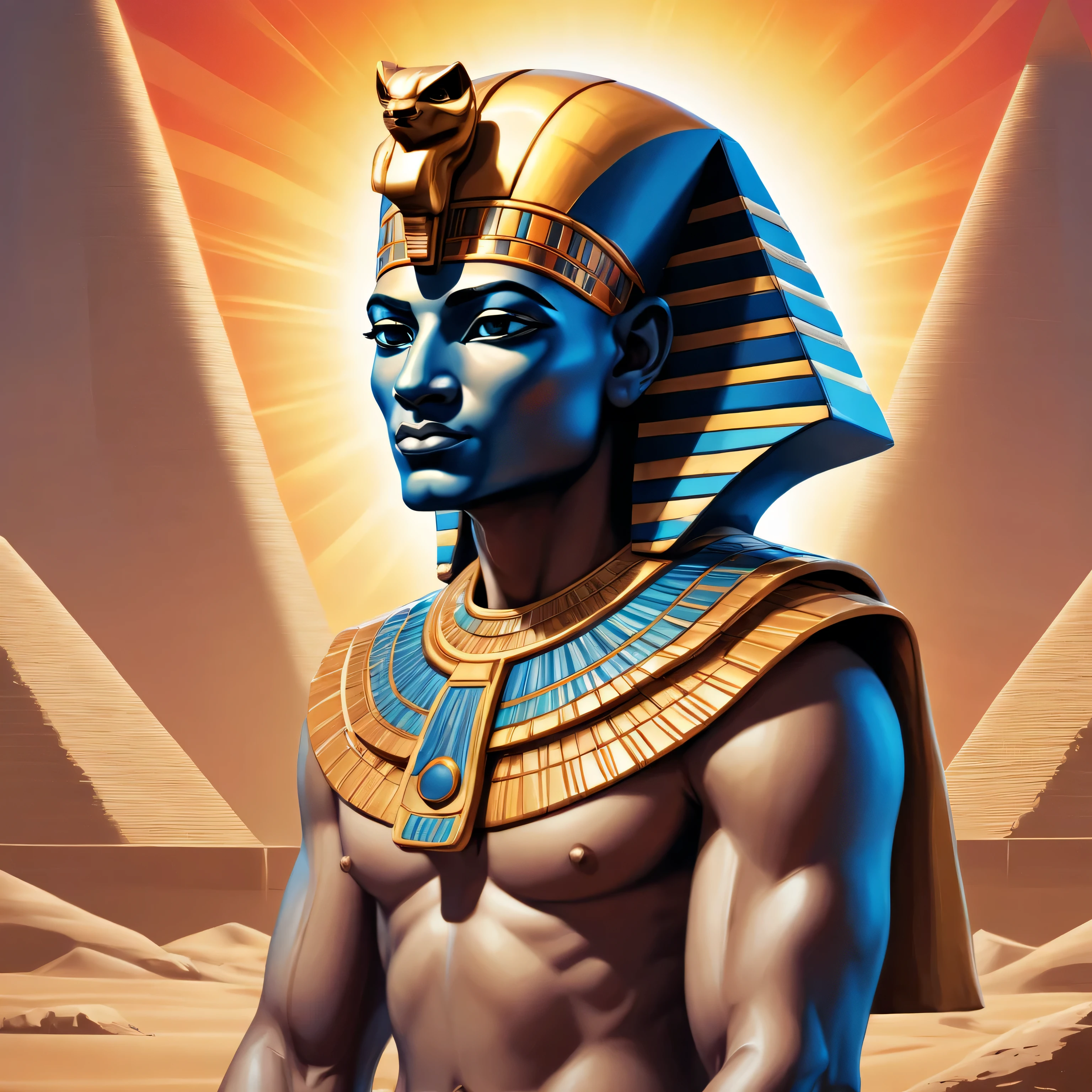 In the dawn of digital epoch, bring to life a unique rendition of the enigmatic Egyptian deity Imhotep. Blend the ancient wisdom and magic with a modern Pop Art twist, vivifying his celestial being with an anime & comic book flavor. Imagine him standing amidst a luminous desert tempest, hand reaching out, crystal eyes glowing in Prismatic radiance, immortal energy encircling his form, vivid colors and exaggerated forms defining a harmonious balance between divine pharaoh and Pixel art masterpiece. Let us pay homage to his immortal legacy through a vibrant tapestry of digital artistic brilliance.