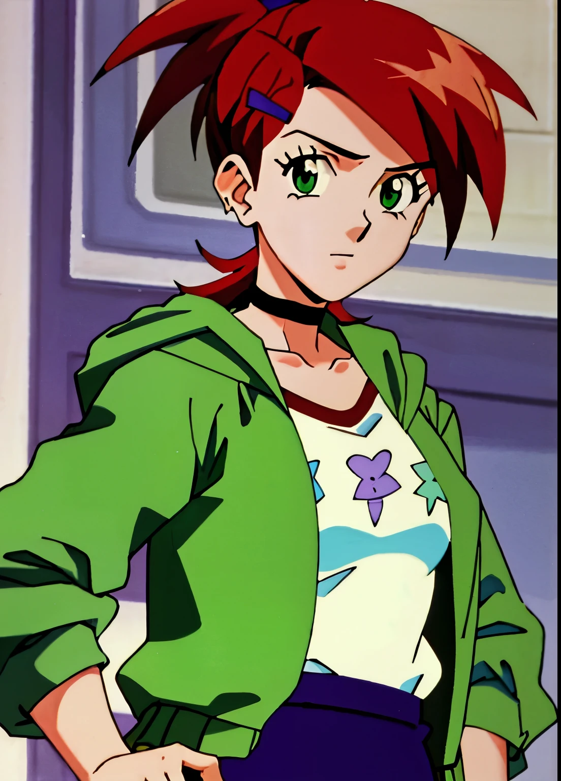 ((best quality)), ((highly detailed)), masterpiece, (detailed eyes, deep eyes), (1girl), cowboy shot, frankie foster, green eyes, red hair, spiky hair, ponytail, medium breasts, white shirt, green zip-up hoodie, midriff, choker, grey skirt, blue sneakers, purple hairclips, evangelion anime style, anime screencap, 1990s_\(style\)