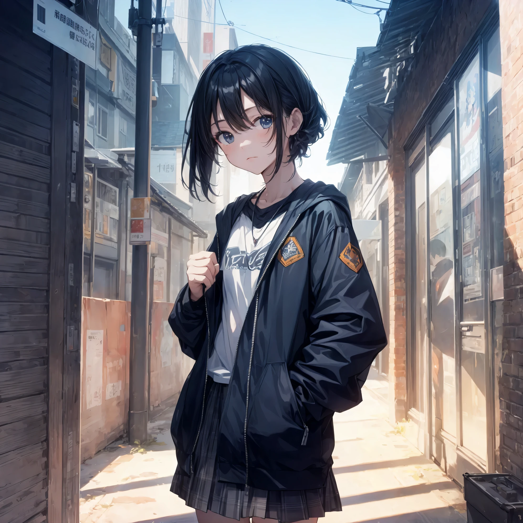 Super high quality by the art god, super detailed, High resolution, Shinkai Makoto style, anime moe art style, best anime 8K konachan wallpaper, pixiv contest winner, perfect anatomy, break,(眠そうにalone学校へ行く女の子を描いてください. ),break, surreal high school girl, (alone,change, child,13 years old:1.3),All limbs, full finger,Middle school students, androgynous charm, (very, very short hair), messy hair, flat and soft chest, small ass, between legs, Small black eyes,beautiful and fine eyes, Well-proportioned iris and pupils, disgusted eyes, High resolutionの詳細な髪, school uniform, (skirt), On the way to school. break,super dense skin, Best lighting by famous artists, 8K, figure,