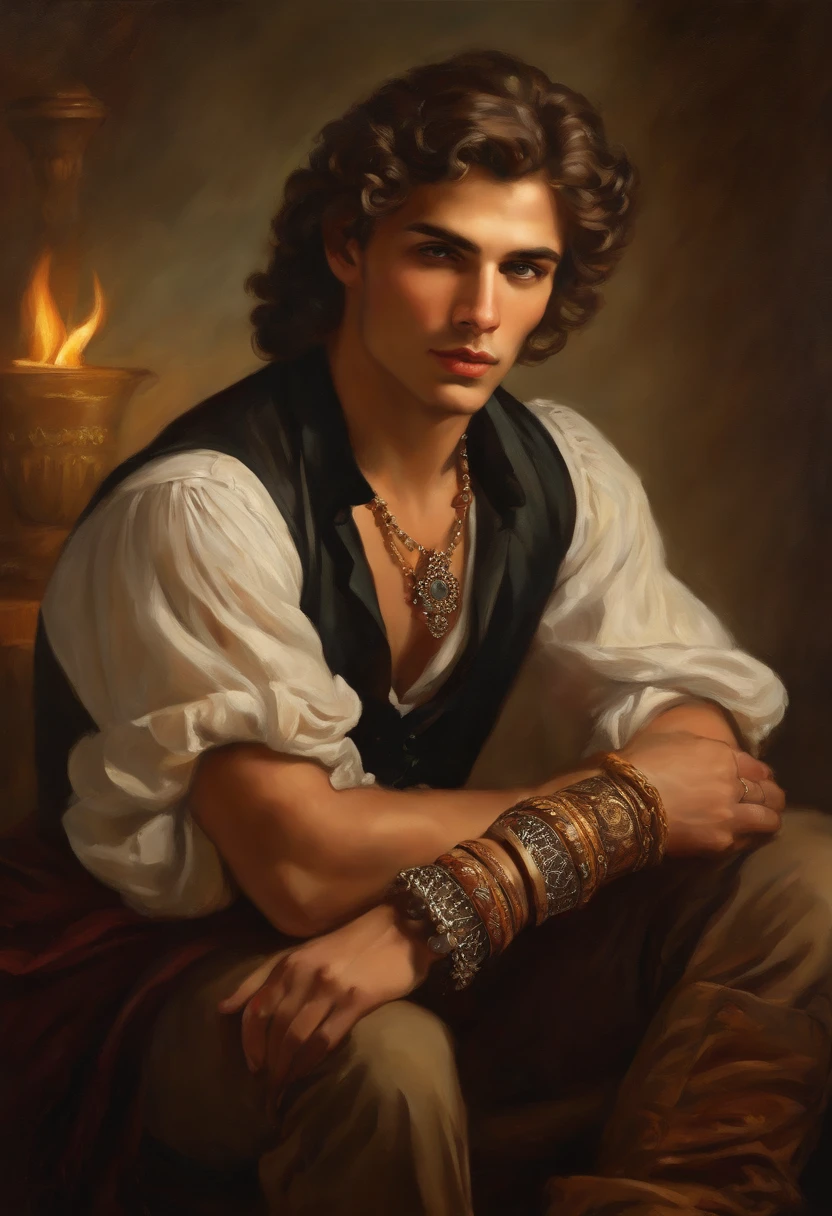 ((Baroque style painting of a young gypsy)) earrings and bracelets, handsome and strong young man, sexy and masculine, lascivious and mischievous face, dressed in vest, shirt and pants in the style of the Victorian Era, almond-shaped eyes, light brown hair long, silky, falling over the shoulders, ((looking at the camera)), ((playing the gypsy tambourine near a fire in a gypsy camp)). Baroque painting