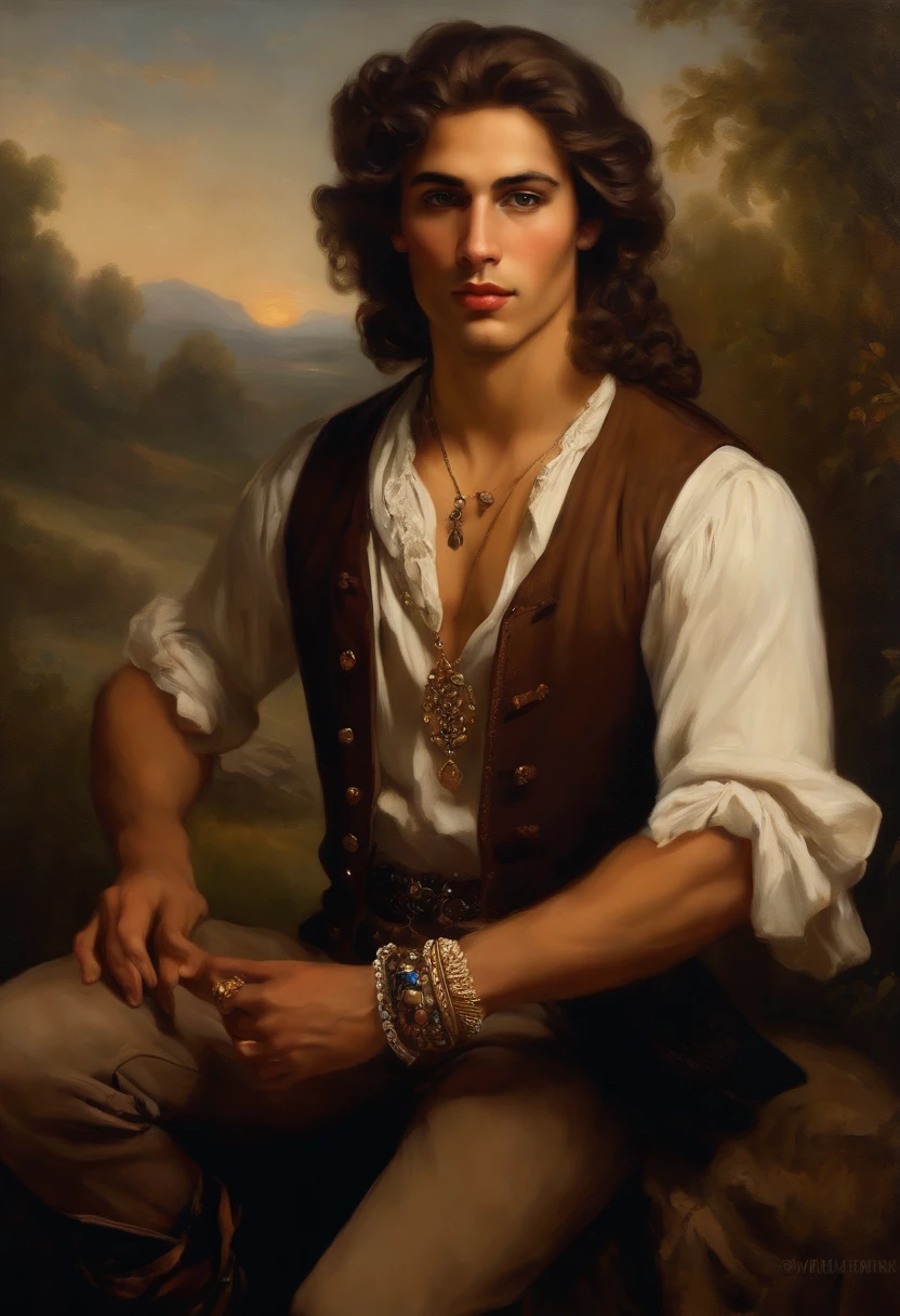 ((Baroque style painting of a young gypsy)) earrings and bracelets, handsome and strong young man, sexy and masculine, lascivious and mischievous face, dressed in vest, shirt and pants in the style of the Victorian Era, almond-shaped eyes, light brown hair long, silky, falling over the shoulders, ((looking at the camera)), ((playing the gypsy tambourine near a fire in a gypsy camp)). Baroque painting