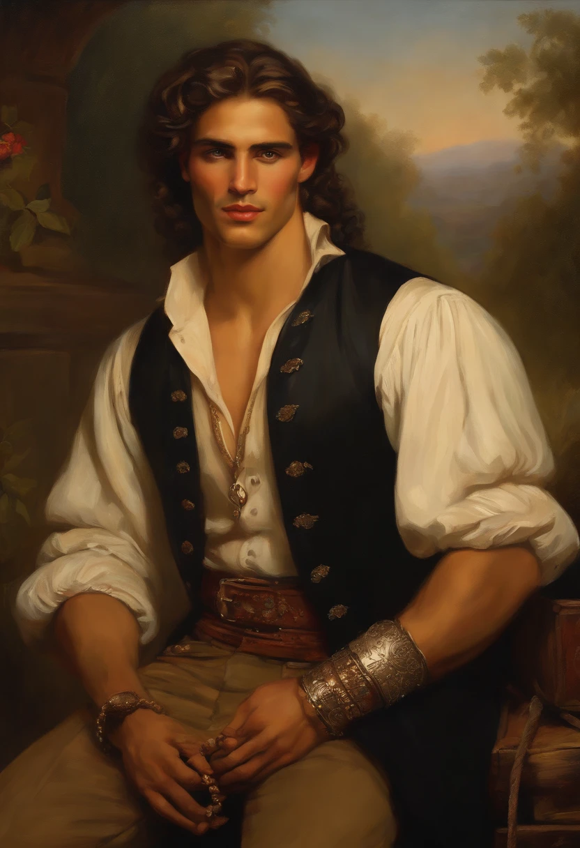 ((Baroque style painting of a young gypsy)) earrings and bracelets, handsome and strong young man, sexy and masculine, lascivious and mischievous face, dressed in vest, shirt and pants in the style of the Victorian Era, almond-shaped eyes, light brown hair long, silky, falling over the shoulders, ((looking at the camera)), ((playing the gypsy tambourine near a fire in a gypsy camp)). Baroque painting