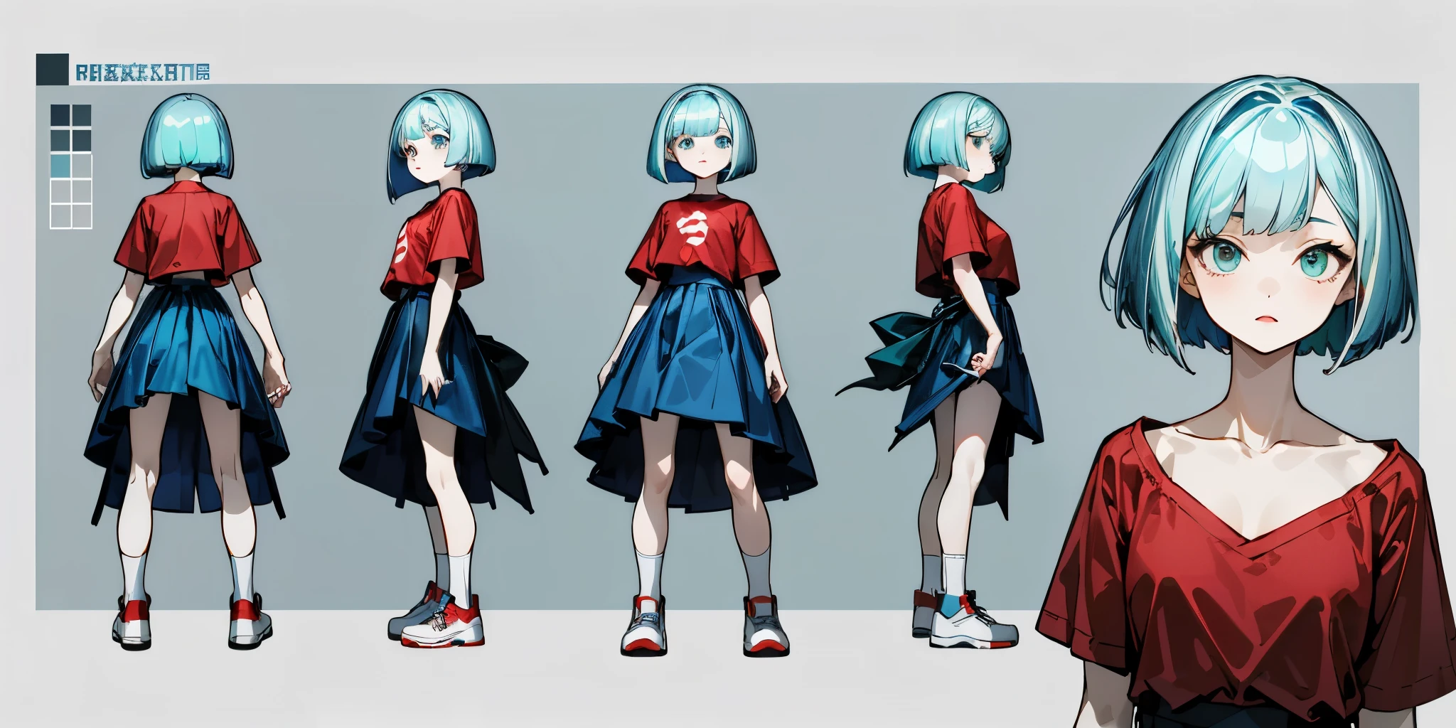 1girl, pale skin, aqua eyes, light blue hair, bob cut, red t-shirt, blue skirt, white socks, red sneaker, anime style, reference sheet
