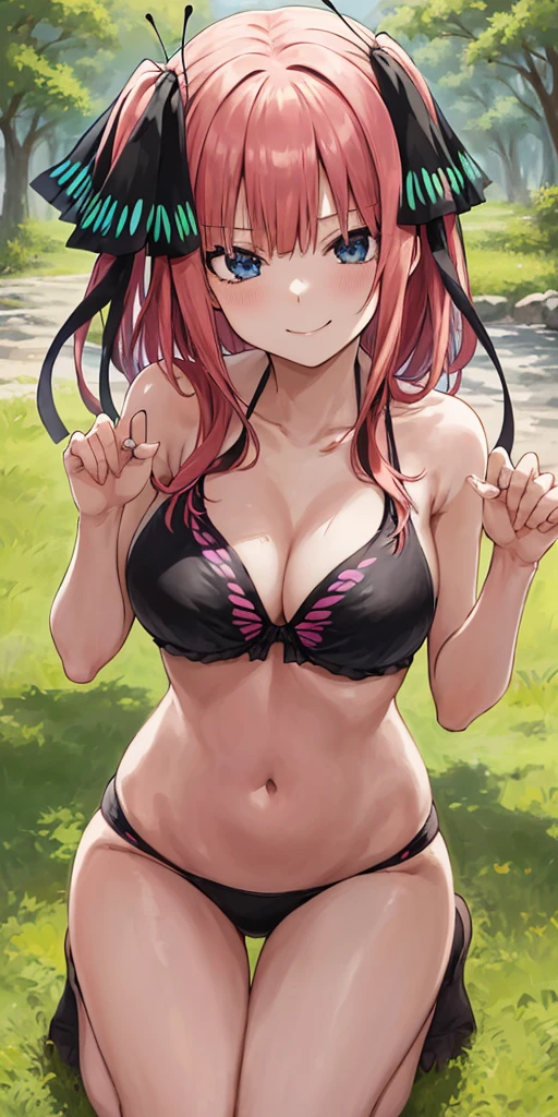 2d, masterpiece, best quality, anime, highly detailed, 1girl, solo, cowboy shot, nakano nino, pink hair, butterfly hair ornament, ((black bikini)), medium breasts, kneeling, school, outdoors, seductive smile