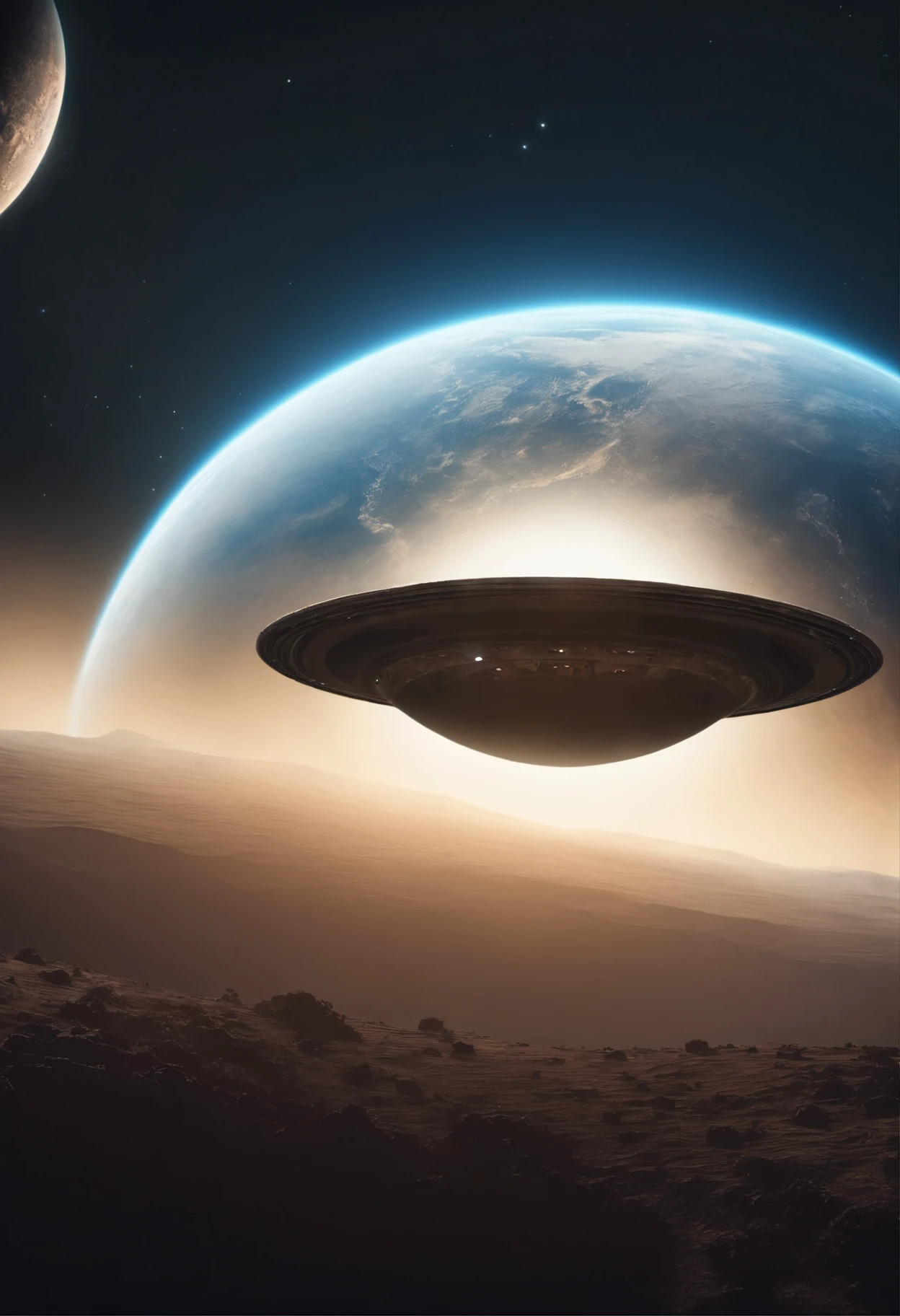 super detailed image of a flying saucer above the (surface with craters) of the Moon BREAK a flying saucer from bottom emits a beam of soft blue light BREAK (planet Earth far in the sky:1.5), (Milky Way in the sky), night sky, stars, space, (Best Quality, 16K, Masterpiece, Ultra HD:1.3, Huge detail, hyper realistic, epic scale, insane level of details)