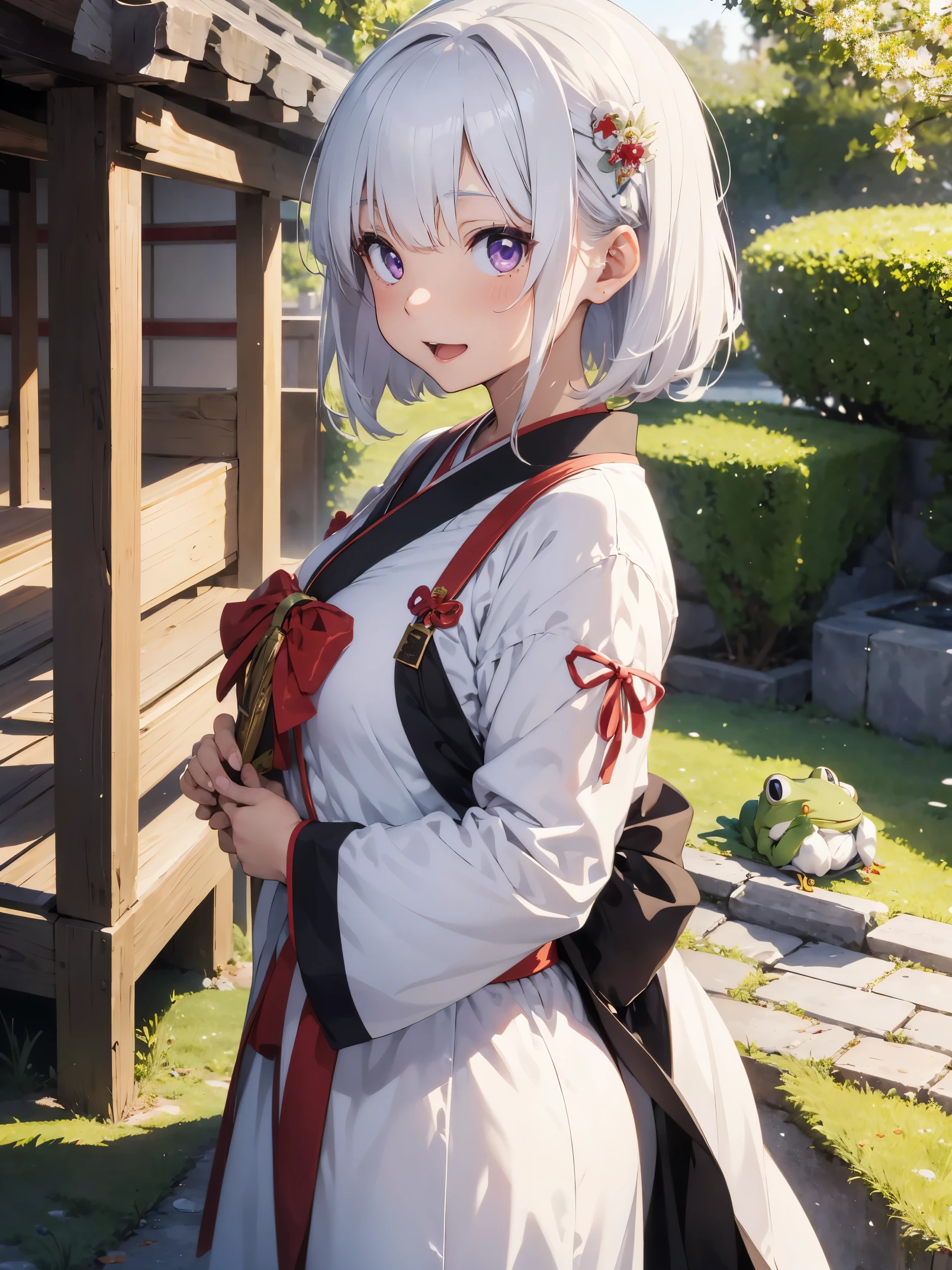 Japanese shrine maiden,, 個人のprofile photo,white haired japanese woman,cute!、Light purple eyes、bob hair, profile photo, trending photos, , Wearing a white and red priestess costume, whole body shangxia, gorgeous woman, japanese girl,facing the front、open your mouth and laugh,laughter、There is a green frog on both hands.
