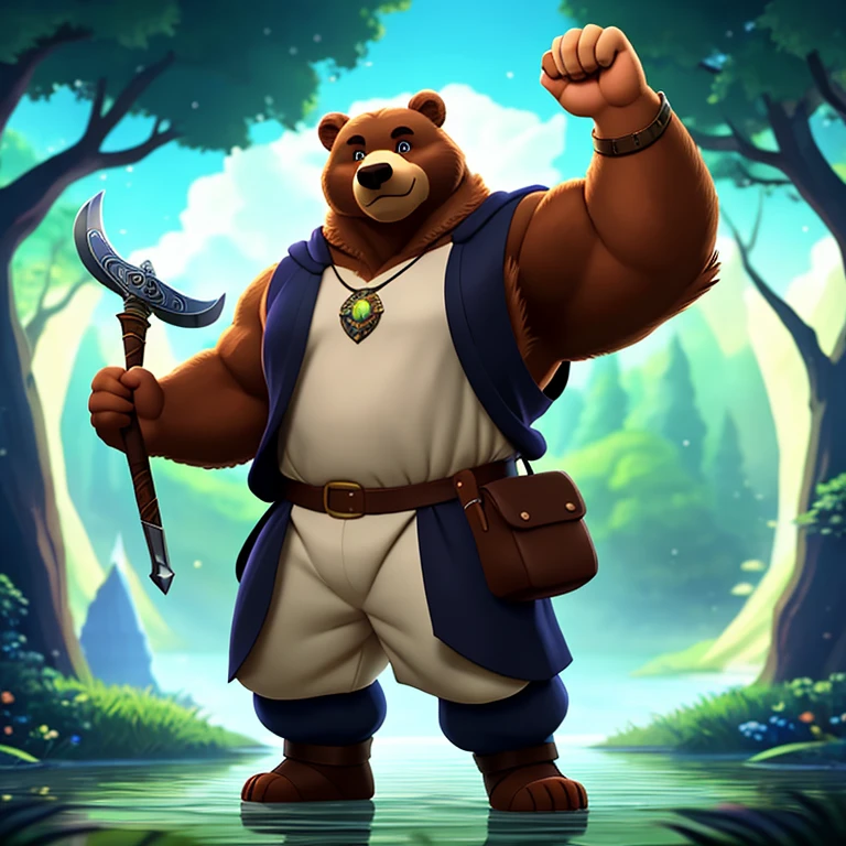 ((masterpiece、highest quality))、bear head character、blue cloak、white pants、black shirt、green shoulder bag、wielding sword、big body、big shoulders、big arms、big hand、The background is a fairy lake