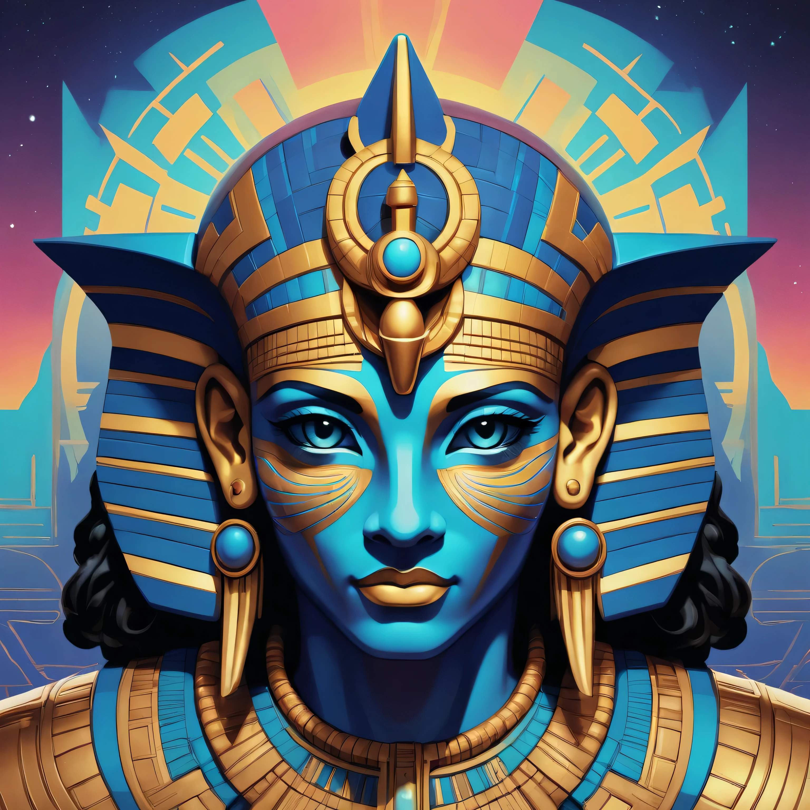 In a contemporary Digital Art design, create a vibrant Pop Art interpretation of Heka, the ancient Egyptian god of magic. Blend anime and comic book aesthetics with bold lines, luminous colors, and mesmerizing bioluminescent accents. Illustrate Heka's transcendent form with intricate geometric patterns inspired by Egyptian hieroglyphs, showcasing his ability to bend reality and manipulate the elements. Express his distinct attribute of change and transformation with drunken perspectival shifts, adorned in a unique, storied fabric, reminiscent of sacred Egyptian tapestries, embodying a celestial godlike presence while rooted in rich cultural history.