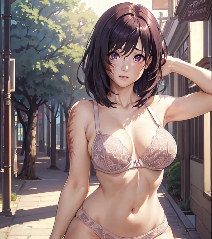 detailed eyes, full height, (high quality), high detailed background, masterpiece, (((skinny body))), ((narrow hips)), medium breast, curvy, ((in the streets of Japan daytime, breasts pressed together, big breasts, see through lingerie, see through clothing, invisible lingerie, thin lingerie, thin clothing, tight lingerie bra, lingerie, beautiful tight lingerie, bra, lingerie, hands out of view, hands behind her back, crying real tears, seductive position, sad)), hysterical crying, emotional breakdown, (((sexy, seductive pose in streets, erotic, hentai))), seductive, (looking at viewer from the streets of Japan, seductive pose, thin clothing, see through bra and panties, sexy pose), (octane render), hyperrealism, unreal engine, perfect composition, perfect render, perfect lighting, cinema 4d, 3dcg, 8k vector photography, hyperrealism photography, busty, young, , high resolution perfect body perfect face perfect hands perfect fingers perfect breasts 8k, (((micro lingerie, see through lingerie, see through clothing, invisible lingerie, perfect breasts, tight breasts pressed against each other, almost naked, all lingerie, camel toe, breasts swinging freely))), tight lingerie bra (((super thick, small waist, short red hair with bangs and highlights,))) emerald eyes, beautiful eyes, captivating, alluring, realistic lighting, realistic environment, detailed outfit, realistic facial features, hyper detail, sweat, lingerie, seductive body, seductive face ((perfect angle, perfect pose, focus on face camel toe and breasts)), long dark purple hair, purple eyes, seductive light smile,  (burn scar on the right side of the face:1.5), (burn scar on the right side of the body:1.5), (clear left side of the body:1.2), hair over right eye, ((megane)), ((disheveled hair)),