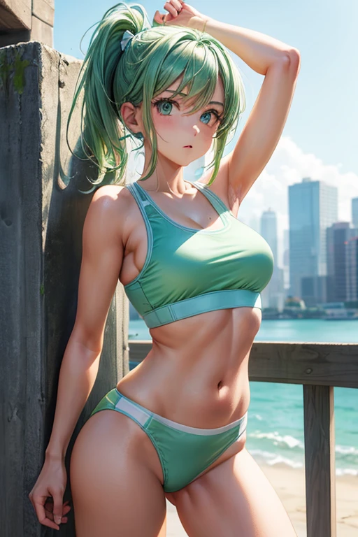 girl wearing mint green sports bra and thong