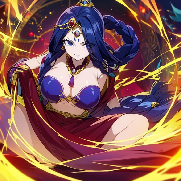anime woman, deep luminous indigo eyes, wears a regal, flowing sari in rich hues of gold and deep crimson, patterns inspired by lotus blossoms and celestial symbols. Jeweled accessories accentuate her divine presence, and a delicate bindi on her forehead signifies spiritual wisdom. hair is sapphire blue at the roots to a vibrant crimson red towards the tips. hair cascades down in elegant waves, Intricate braids, she is smiling like a yandere, voluptuous body, alluring, perfect face, perfect body. Solo