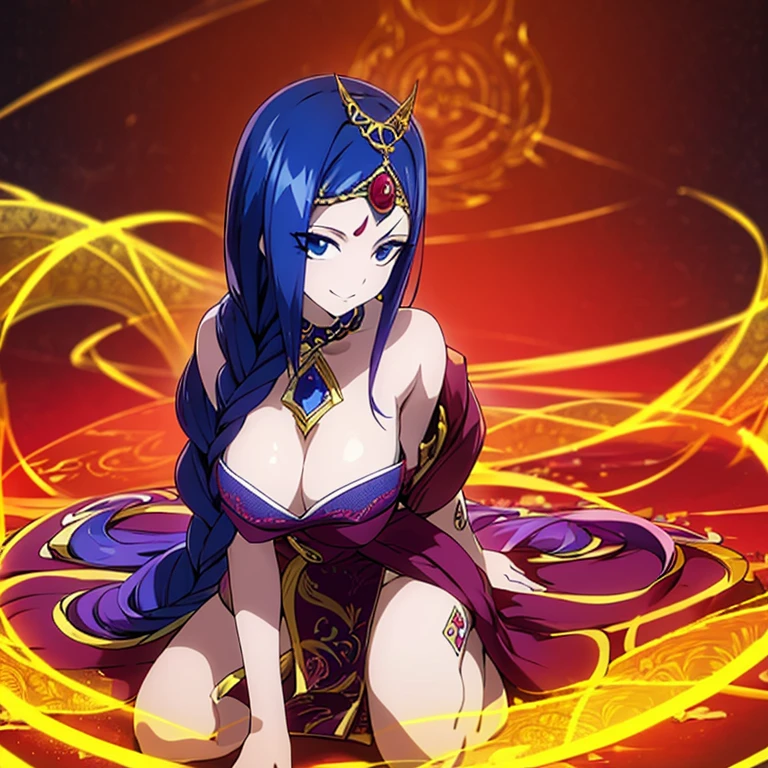 anime woman, deep luminous indigo eyes, wears a regal, flowing sari in rich hues of gold and deep crimson, patterns inspired by lotus blossoms and celestial symbols. Jeweled accessories accentuate her divine presence, and a delicate bindi on her forehead signifies spiritual wisdom. hair is sapphire blue at the roots to a vibrant crimson red towards the tips. hair cascades down in elegant waves, Intricate braids, she is smiling like a yandere, voluptuous body, alluring, perfect face, perfect body. Solo