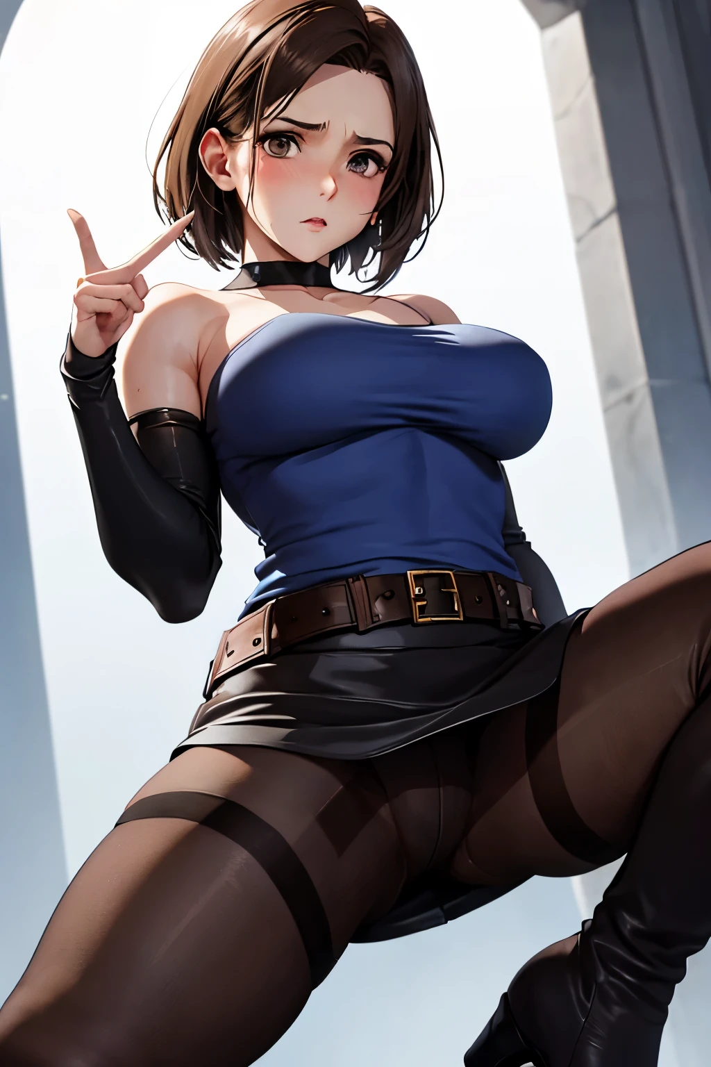 muste piece, best quality, 1 girl,brown hair, (black eye:1.2)、((No sleeve))、((embarrassed expression))、((full moon))、((Photo from below))、(((thigh high boots)))、((short hair))、((mini skirt))、((blouse))、((C cup breasts))、((spread legs))、((Jill Valentine))、(((Brown pantyhose)))