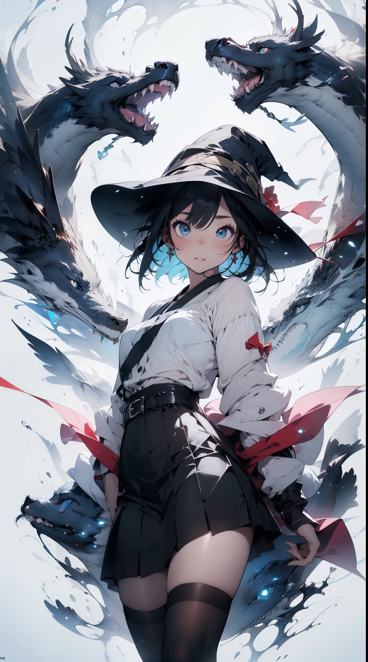 white background, blue skirt，solo woman, alone, (kneel down), (kneel down on white glass surface), (dk, small), (white background), (witch hat), curly, looking at the viewer, with panoramic view, Vision, It begins with the night of the ark., Popular topics on Art Station pixiv, Arknight, pixiv digital art,Onmyoji detailed art, Japanese anime fantasy illustration, author：hero, anime art wallpaper 8k, Sky Witch, pixiv style, anime art wallpaper 4k, anime art wallpaper 4k, (pretty background), Ink painting style，pretty colors，Decisive cut，広いblank領域, blank, space，master piece， super sophisticated，epic work，expensive、expensive品質，best quality，4K