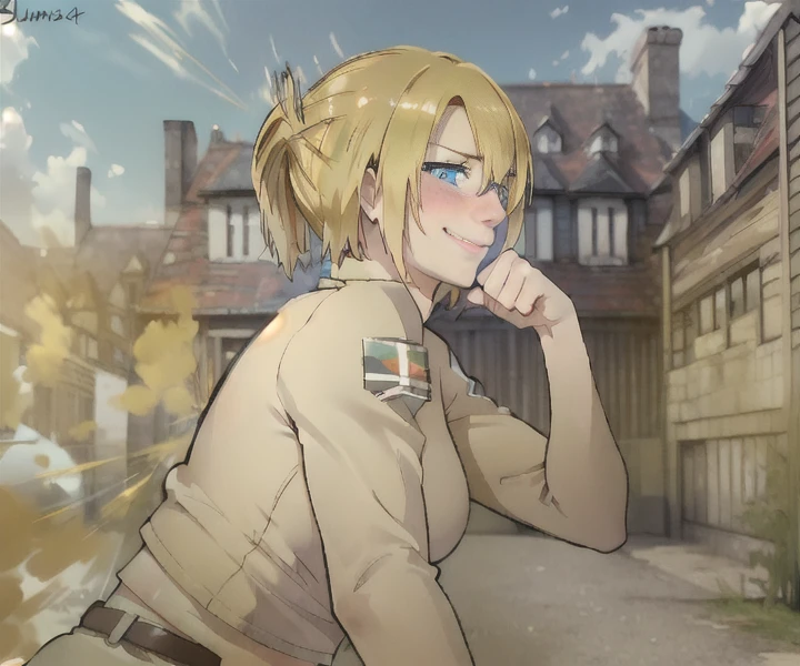 , masterpiece, highest quality, Super detailed, ray tracing, hdR, Depth of the bounds written, (perfect face, detailed face, fine eyes), 8K, hd, highest quality, Super detailed, shining eyes, Fair skin,
upright, combat readiness, clench your fist, combat readiness, closed hands, punching, punch, small breasts, beautiful small breasts, wide hips, tight waist, pink lips, long eyelashes, tied hair, strong color, in a medieval town, adult body, adult face, Annie AOT, Annie AOT, Day, null, cloud, outdoor,symbol, training_corps_\(symbol\) , thigh_strap, Three dimensions_maneuver_Equipment, investigation_corps_\(symbol\), shining blue eyes, tired eyes,golden hair,Bonde Hair, big nose, greek nose, alone, 1 girl, masterpiece, highest quality, High resolution, ((masterpiece)), highest quality, Fair skin, notably long eyelashes, cute face, perfect face, high quality face, mature face,((realistic)),cameltoe,nsfw,(nude)