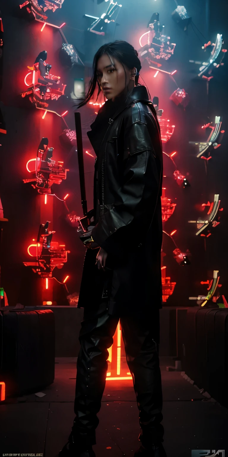Cyberpunk digital art of a neon city with a samurai figure, highlighting the contrast between traditional and futuristic highly detailed 4K digital art, Stunning 8k artwork, long leather coat reaching to the ground, берцы, leather pants