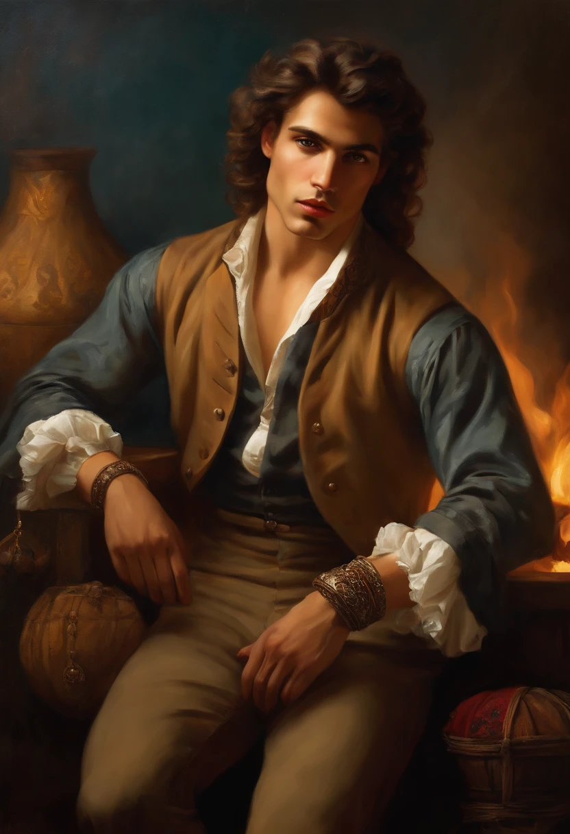 ​((Baroque style painting of a young gypsy)) earrings and bracelets, handsome and strong young man, sexy and masculine, lascivious and mischievous face, dressed in vest, shirt and pants in the style of the Victorian Era, almond-shaped eyes, light brown hair long, silky, falling over the shoulders, ((looking at the camera)), ((playing the gypsy tambourine near a fire in a gypsy camp)). Baroque painting
