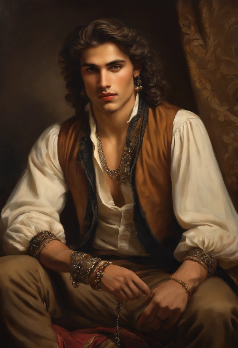 ​((Baroque style painting of a young gypsy)) earrings and bracelets, handsome and strong young man, sexy and masculine, lascivious and mischievous face, dressed in vest, shirt and pants in the style of the Victorian Era, almond-shaped eyes, light brown hair long, silky, falling over the shoulders, ((looking at the camera)), ((playing the gypsy tambourine near a fire in a gypsy camp)). Baroque painting
