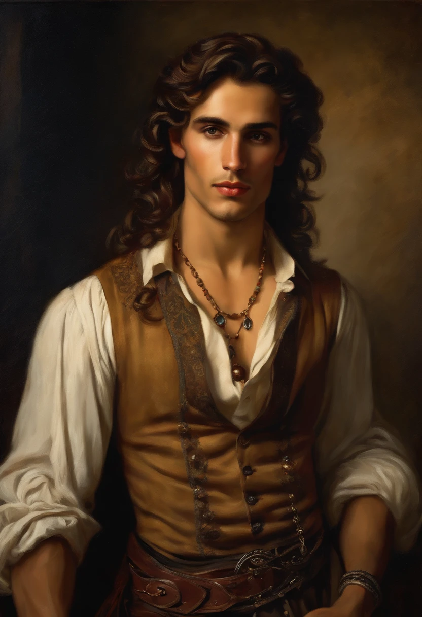 ((Baroque style painting of a young gypsy)) earrings and bracelets, handsome and strong young man, sexy and masculine, lascivious and mischievous face, dressed in vest, shirt and pants in the style of the Victorian Era, almond-shaped eyes, light brown hair long, silky, falling over the shoulders, ((looking at the camera)), ((playing the gypsy tambourine near a fire in a gypsy camp)). Baroque painting