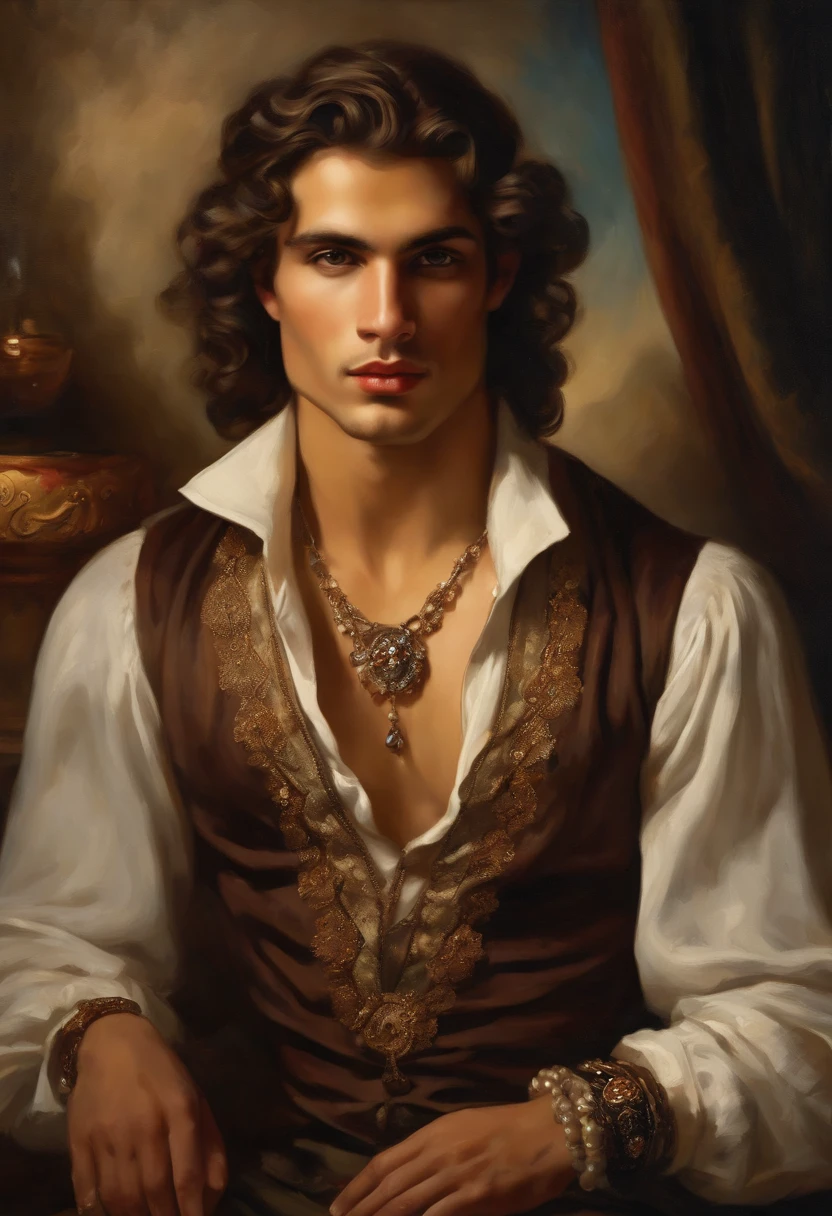 ((Baroque style painting of a young gypsy)) earrings and bracelets, handsome and strong young man, sexy and masculine, lascivious and mischievous face, dressed in vest, shirt and pants in the style of the Victorian Era, almond-shaped eyes, light brown hair long, silky, falling over the shoulders, ((looking at the camera)), ((playing the gypsy tambourine near a fire in a gypsy camp)). Baroque painting