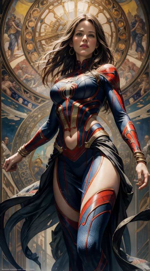 Jennifer Garner、Sticking out the navel、newyork、She wears a torn Spider-Man suit,wearing a skirt、abstract photorealistic、artistic、Alphonse Mucha's painting(masterpiece、highest quality、High resolution:1.4)、detailed、複雑なdetailed、In 4K、color splash、line drawing、fibonacci、