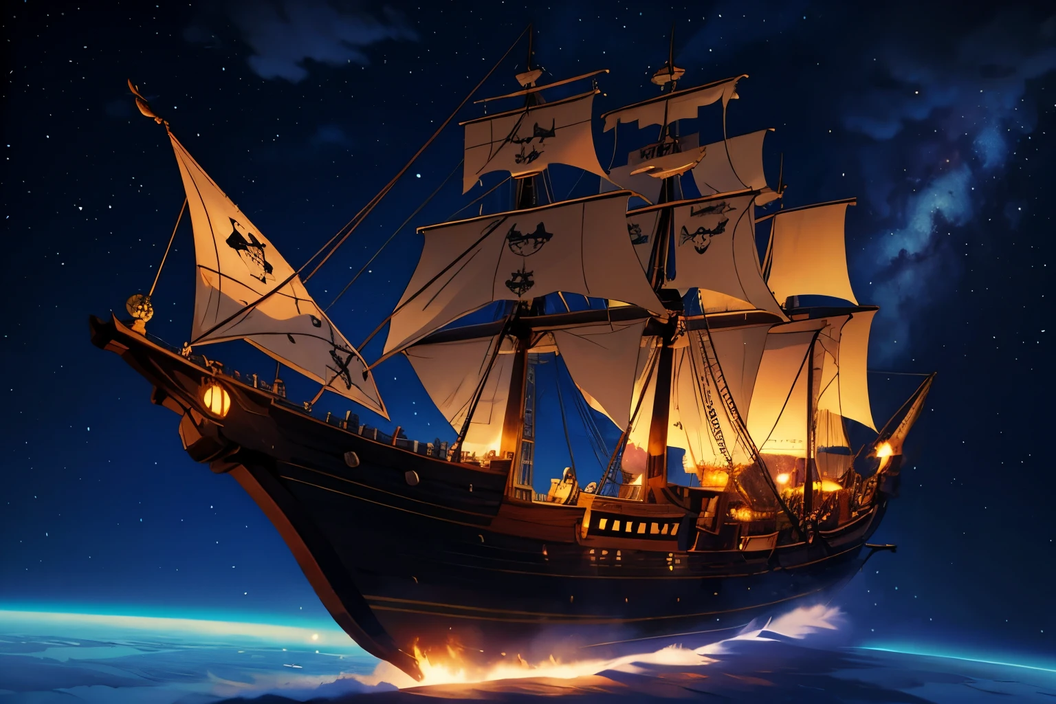 pirate ship in the sky, pirate ship in space, sad