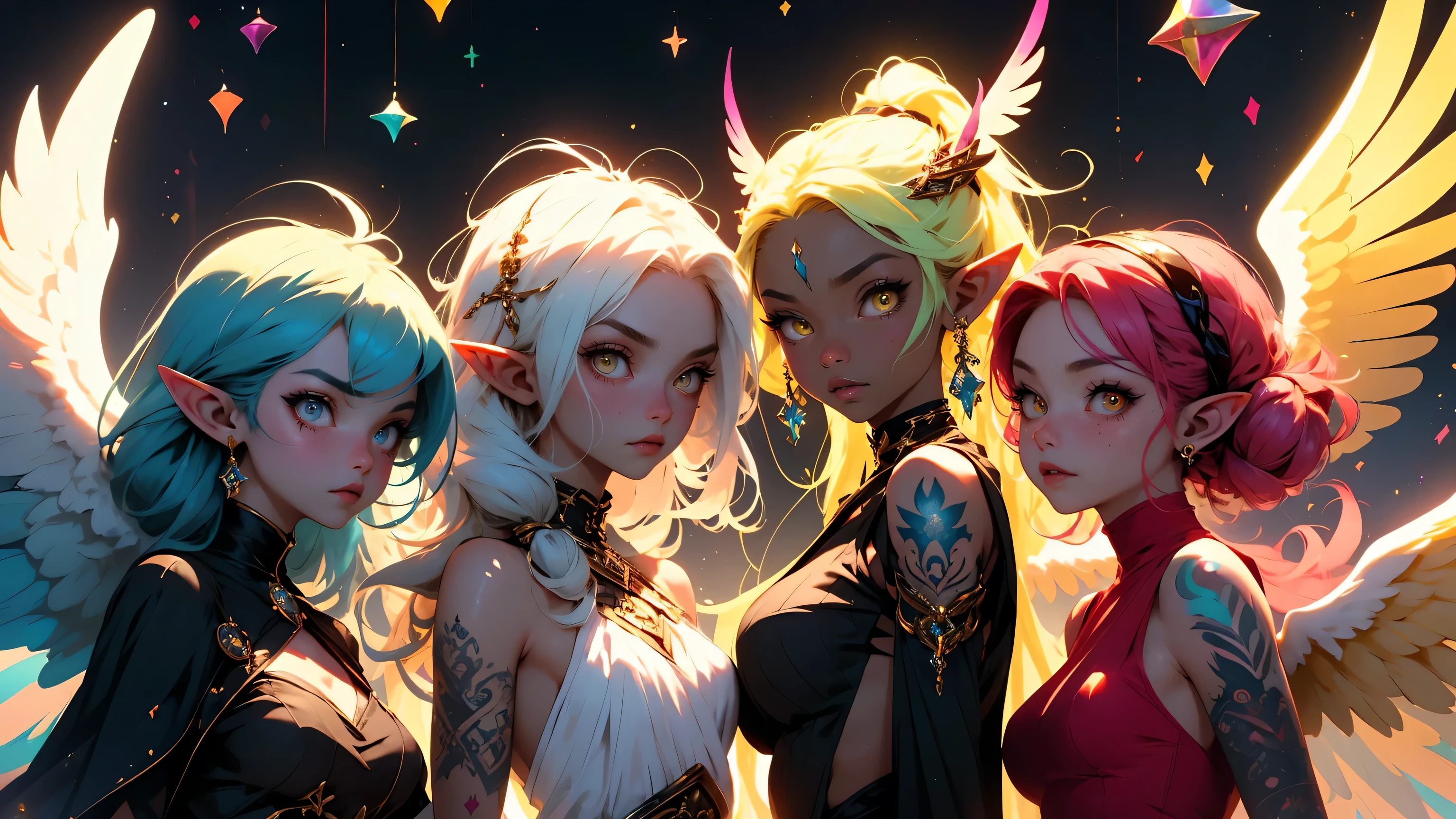 three beautiful elf girls, naked, nude, extreme abs, cute face, crazy hair, colored hair, yellow eyes, giant octopus tentacles, deep fashion, cyberspace, surreal, virtual reality, video game, crazy colors, ribbons, tattoes, many tattoos, extreme tattoos, full body tattoos, beautiful tattoos, weird perspective, dramatic light, dungeons and dragons, quest, adventurers, action, playfull, cute, profound, dramatic glowing nimbus circle, colorful angelic wings, group photo, semi closeup, temple, magical energies, witchcraft, permanent love energy, spreading legs, posing, long hair, high heels