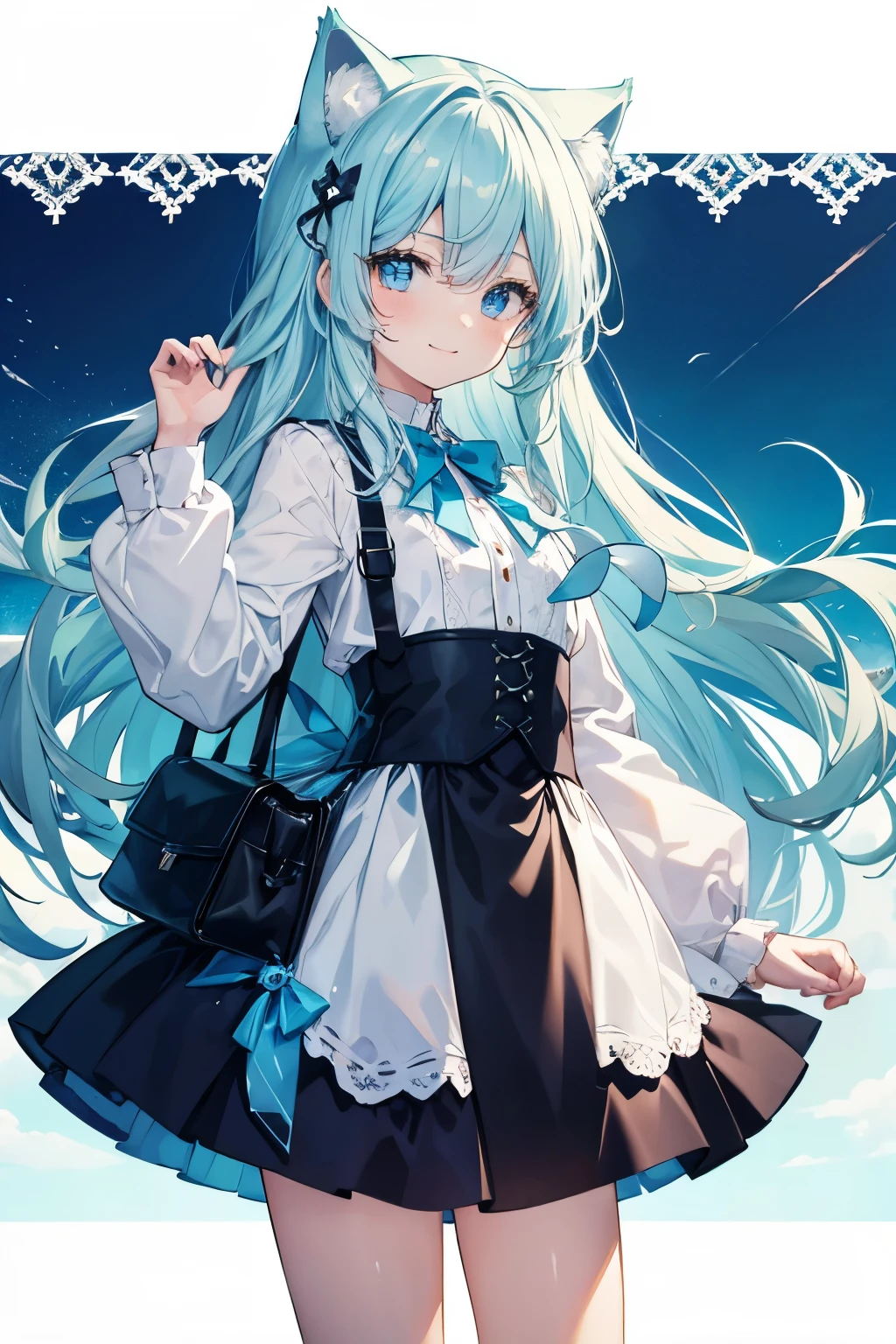 young boy, Long aquamarine hair, cat ears, blue eyes, ssmile, open body, Masterpiece, hiquality, skirt